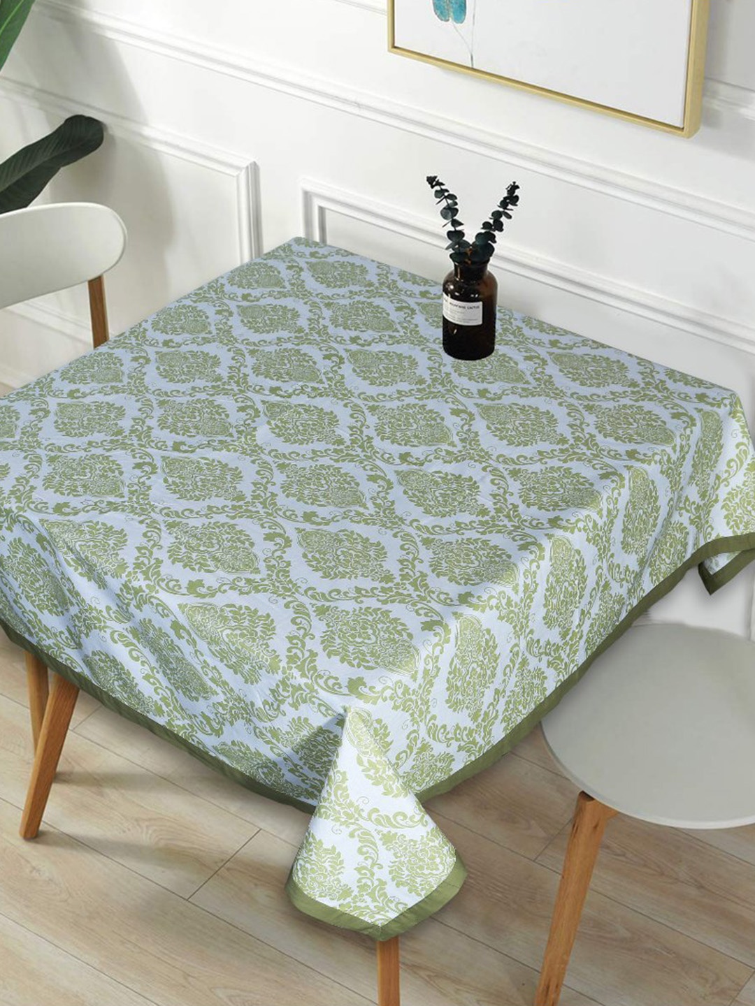 

INDHOME LIFE Green & White Printed Cotton Square 4-Seater Table Cover