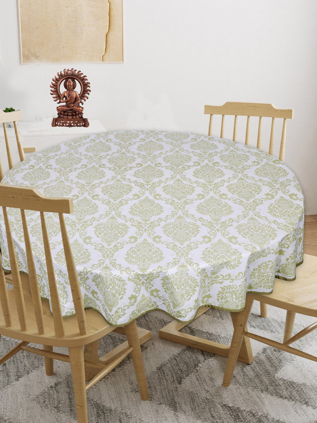 

INDHOME LIFE Green & White Printed Cotton Round 4-Seater Table Cover