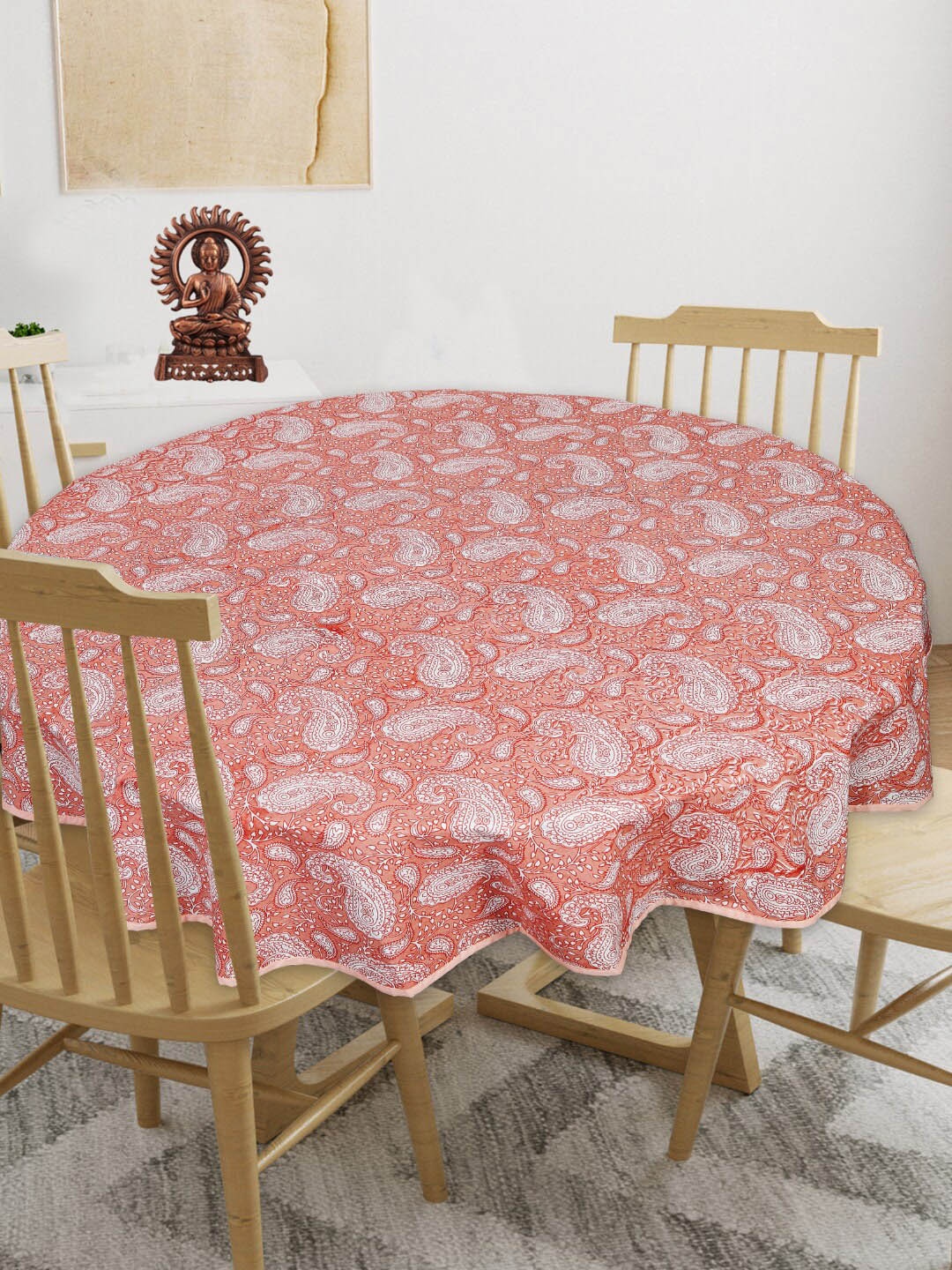 

INDHOME LIFE Pink & White Printed Cotton Round 4-Seater Table Cover