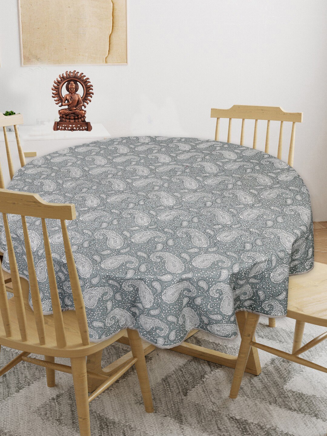 

INDHOME LIFE Brown & Grey Printed Cotton Round 4-Seater Table Cover