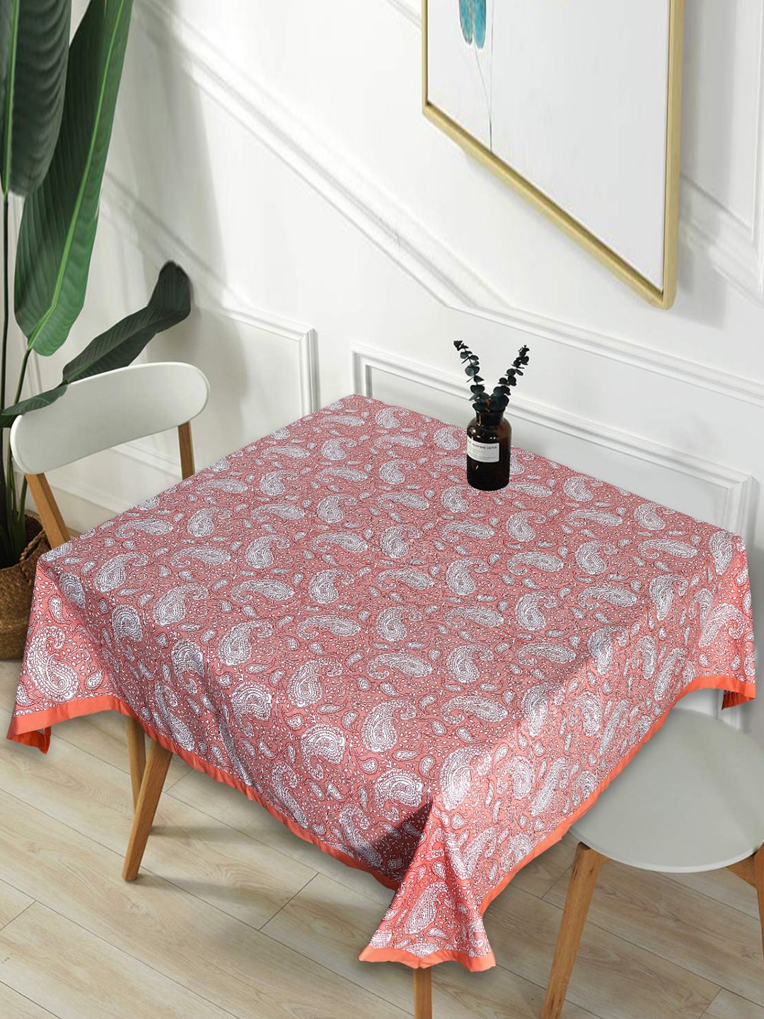 

INDHOME LIFE Pink & White Printed Cotton Square 4-Seater Table Cover