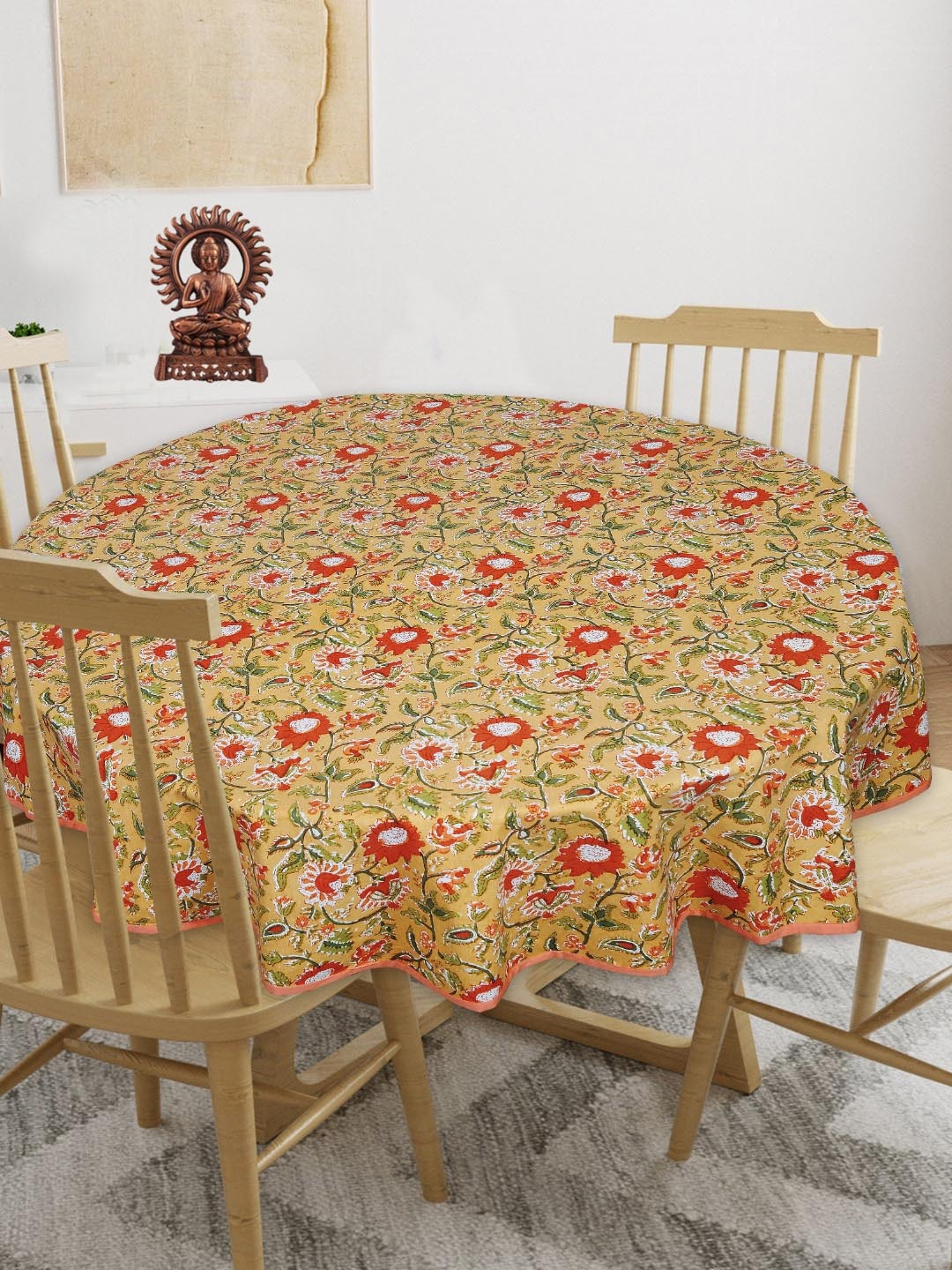 

INDHOME LIFE Yellow & Orange Coloured Printed Cotton Round 4-Seater Table Cover