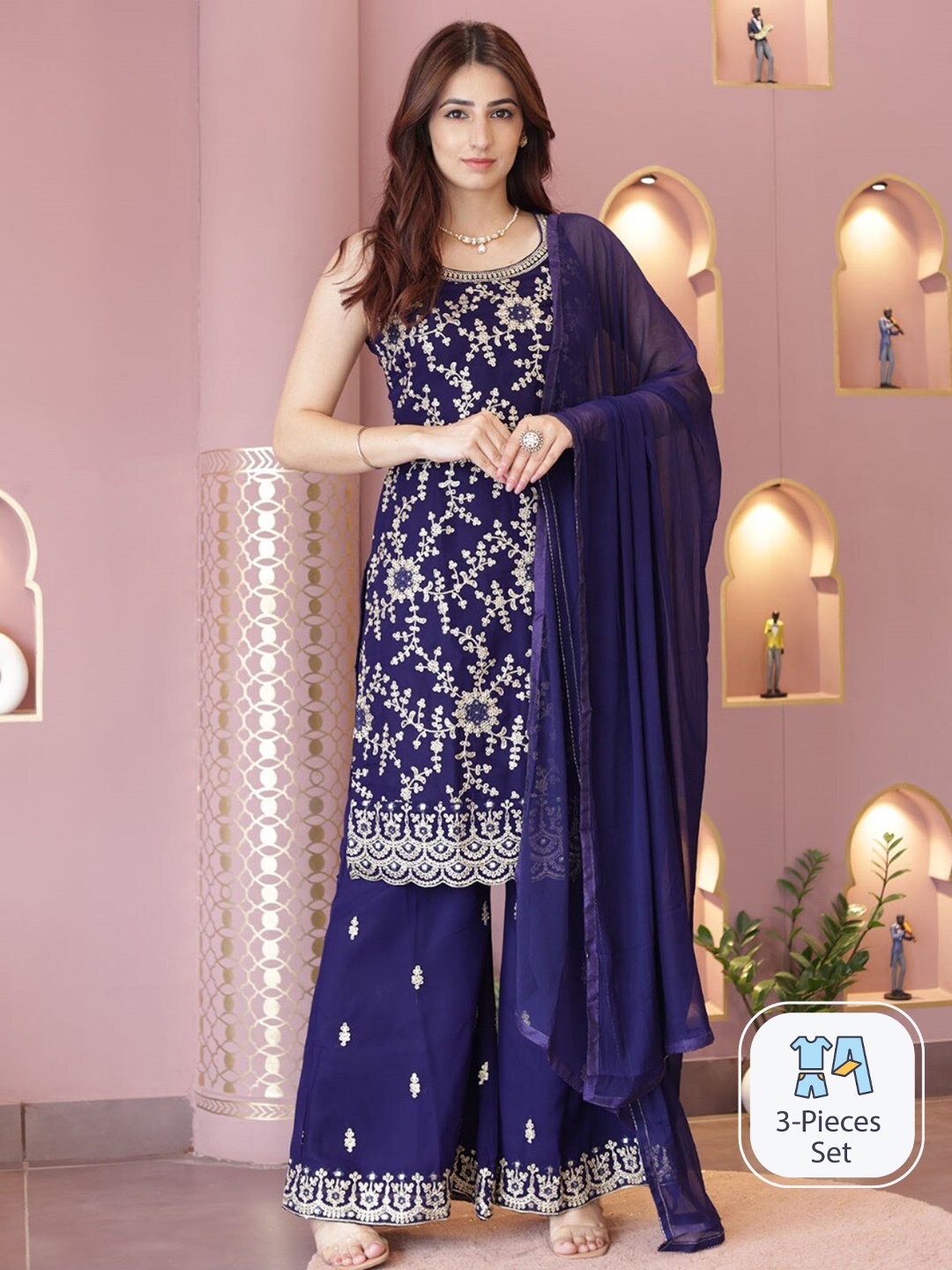 

ODETTE Floral Embroidered Regular Sequinned Semi Stitched Kurta with Palazzos With Dupatta, Blue