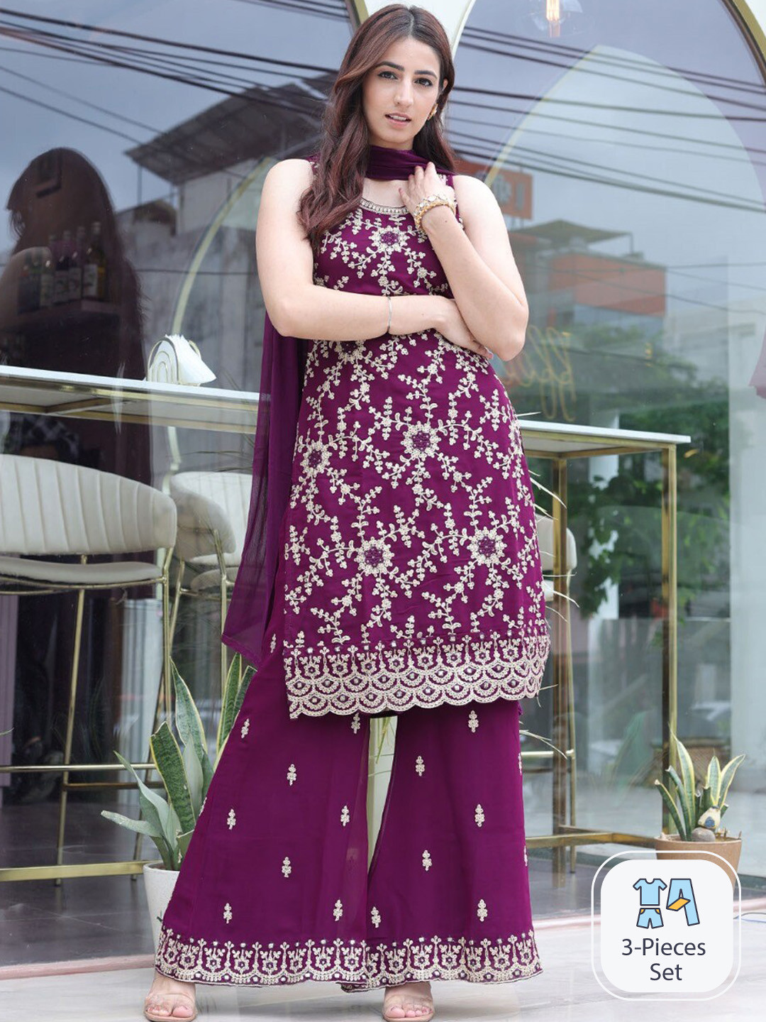 

ODETTE Floral Embroidered Regular Sequinned Semi Stitched Kurta with Palazzos With Dupatta, Purple