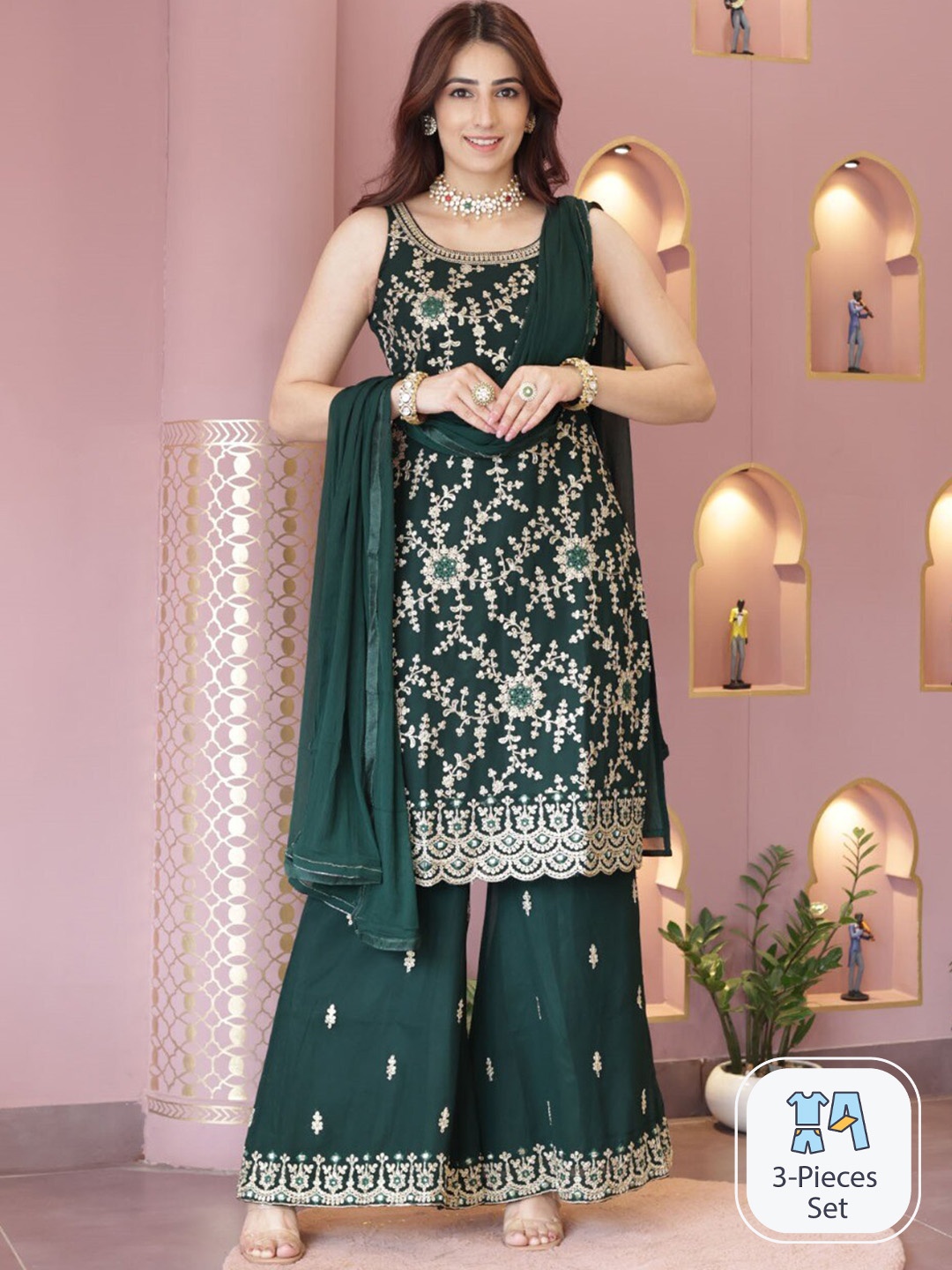 

ODETTE Floral Embroidered Regular Sequinned Semi Stitched Kurta with Palazzos With Dupatta, Green