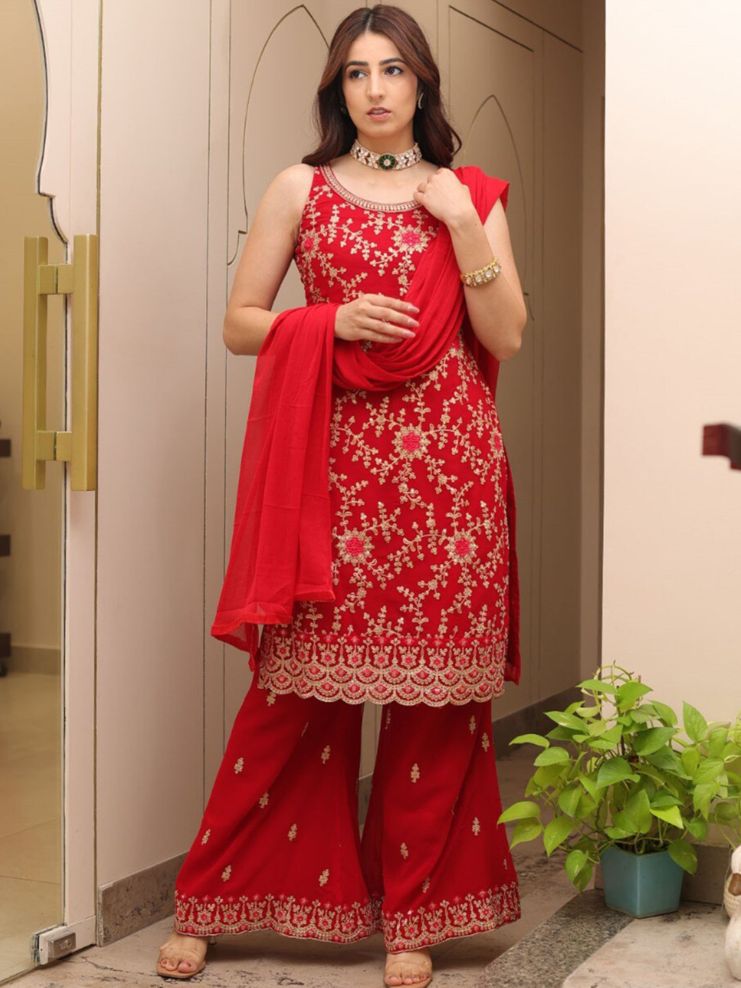 

ODETTE Floral Embroidered Regular Sequinned Semi Stitched Kurta with Palazzos With Dupatta, Magenta