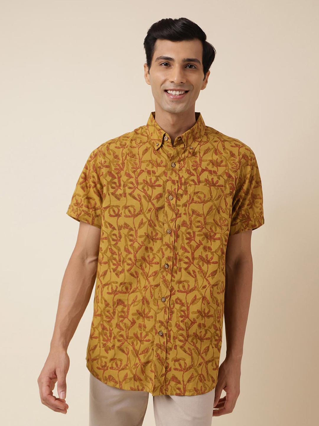 

Fabindia Floral Printed Button-Down Collar Cotton Casual Shirt, Yellow