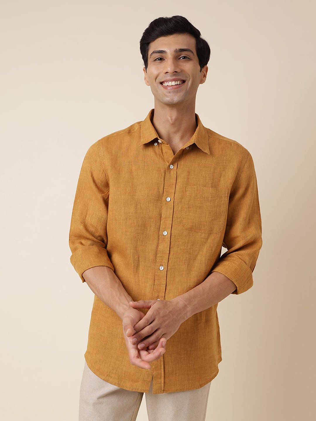 

Fabindia Button Down Collar Linen Casual Shirt, Mustard