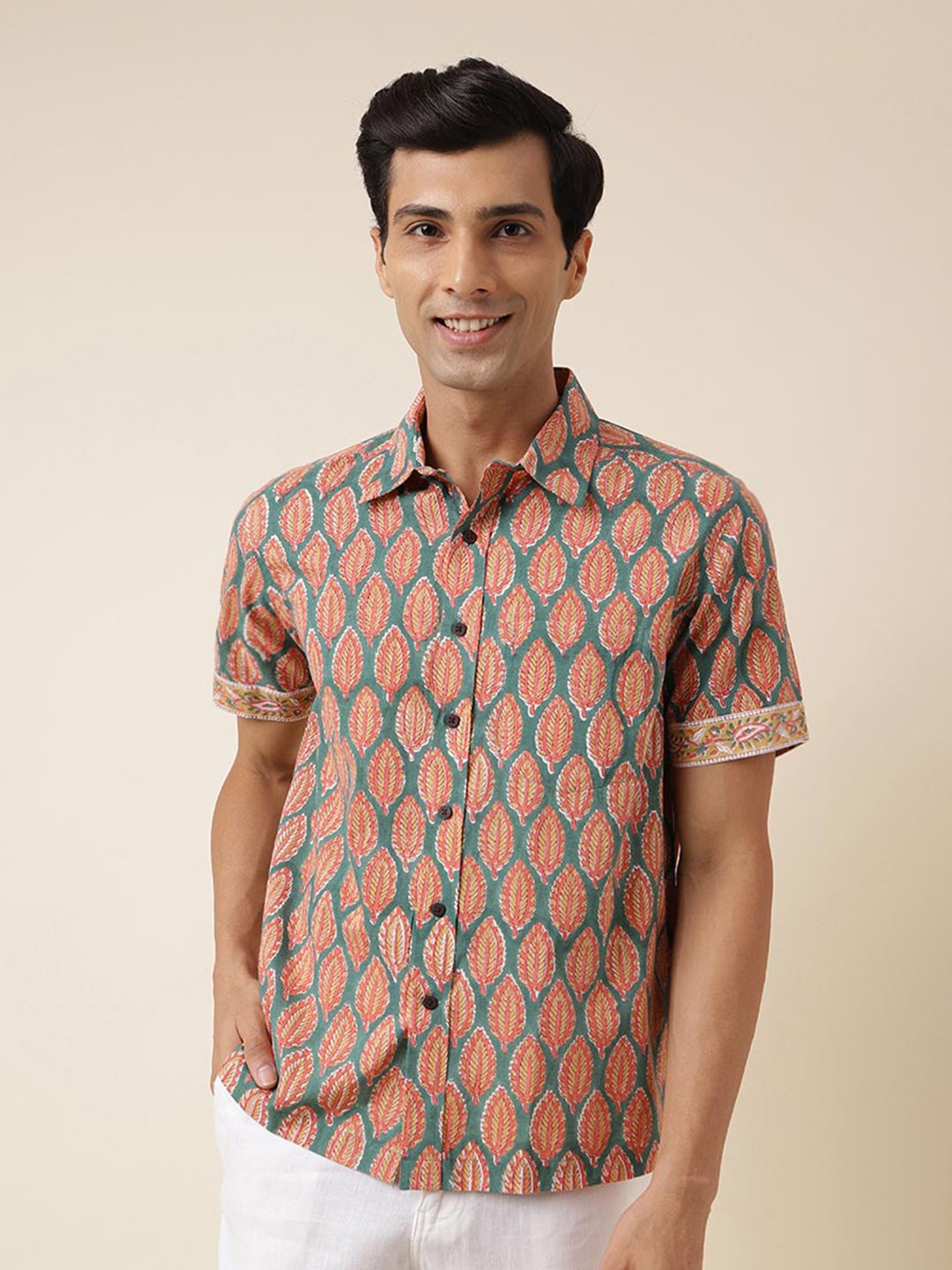 

Fabindia Floral Printed Cotton Opaque Casual Shirt, Sea green