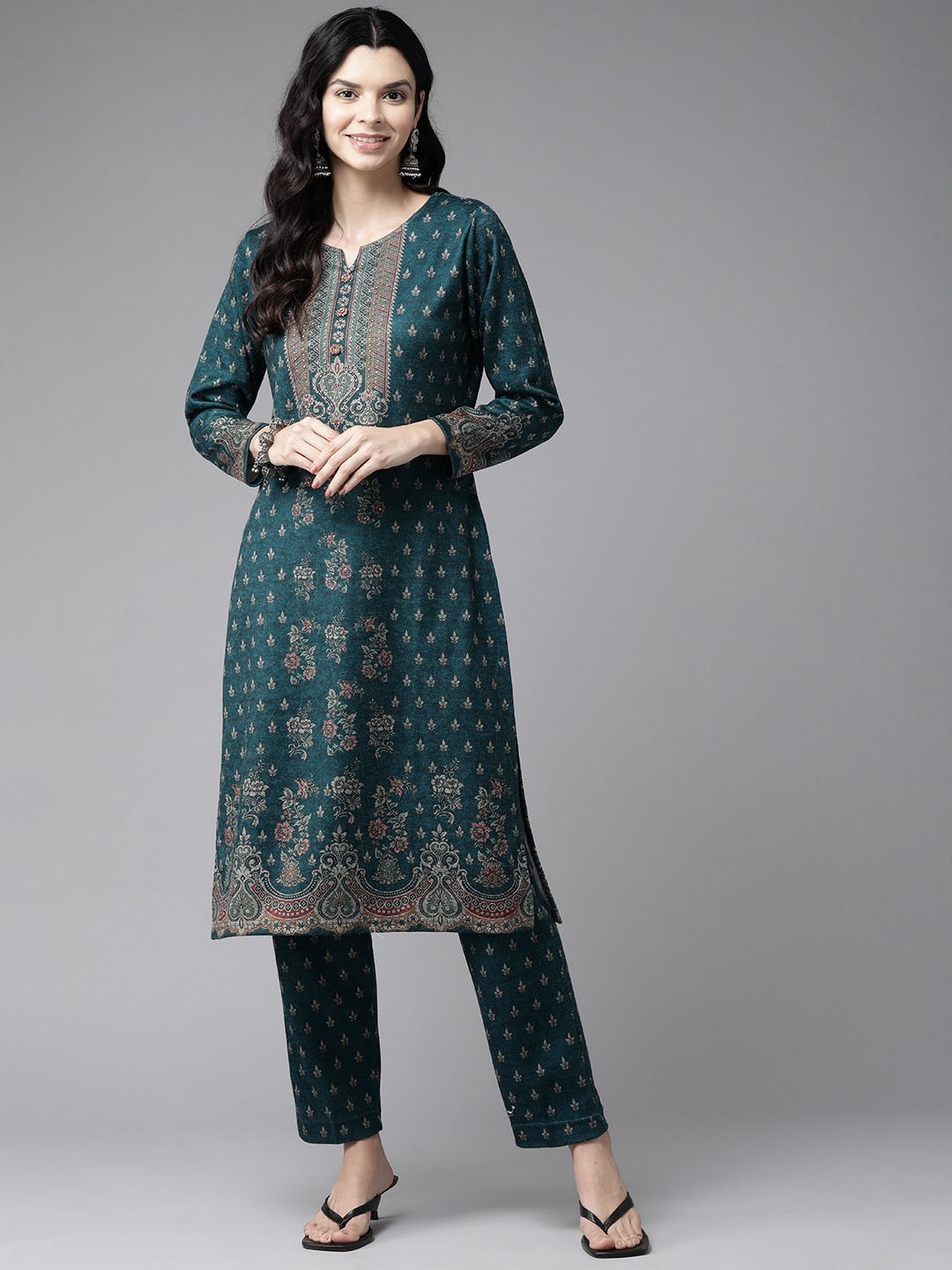 

Cayman Women Floral Printed Regular Sequinned Pure Wool Kurta with Trousers, Teal