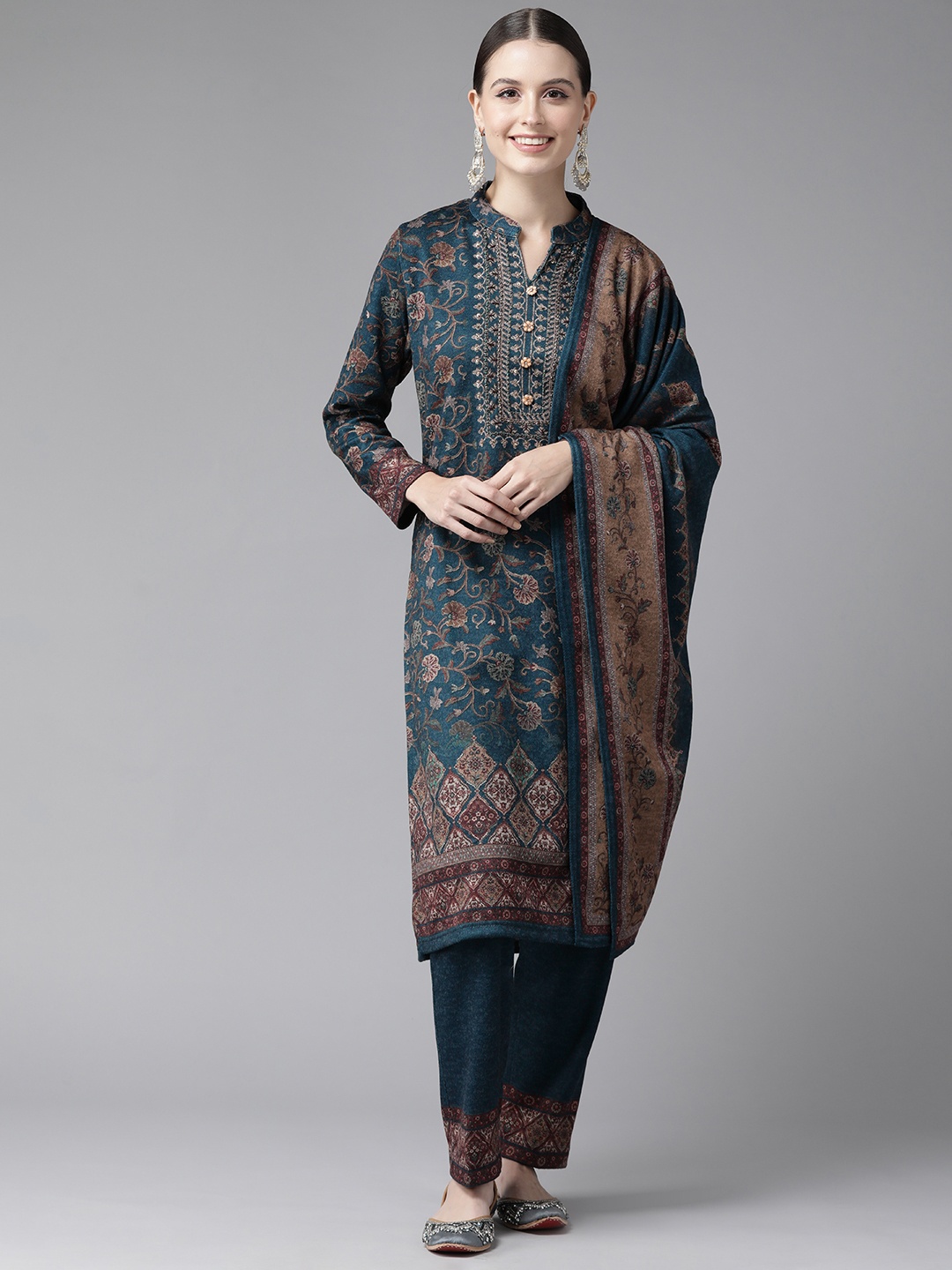 

Cayman Women Floral Printed Regular Sequinned Pure Wool Kurta with Trousers & With Dupatta, Teal
