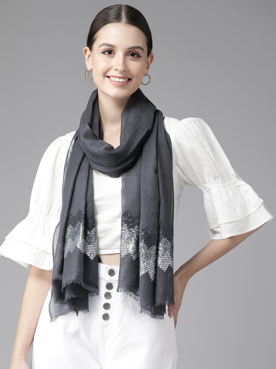 

Cayman Women Woven Design Sequinned Woollen Stole, Charcoal