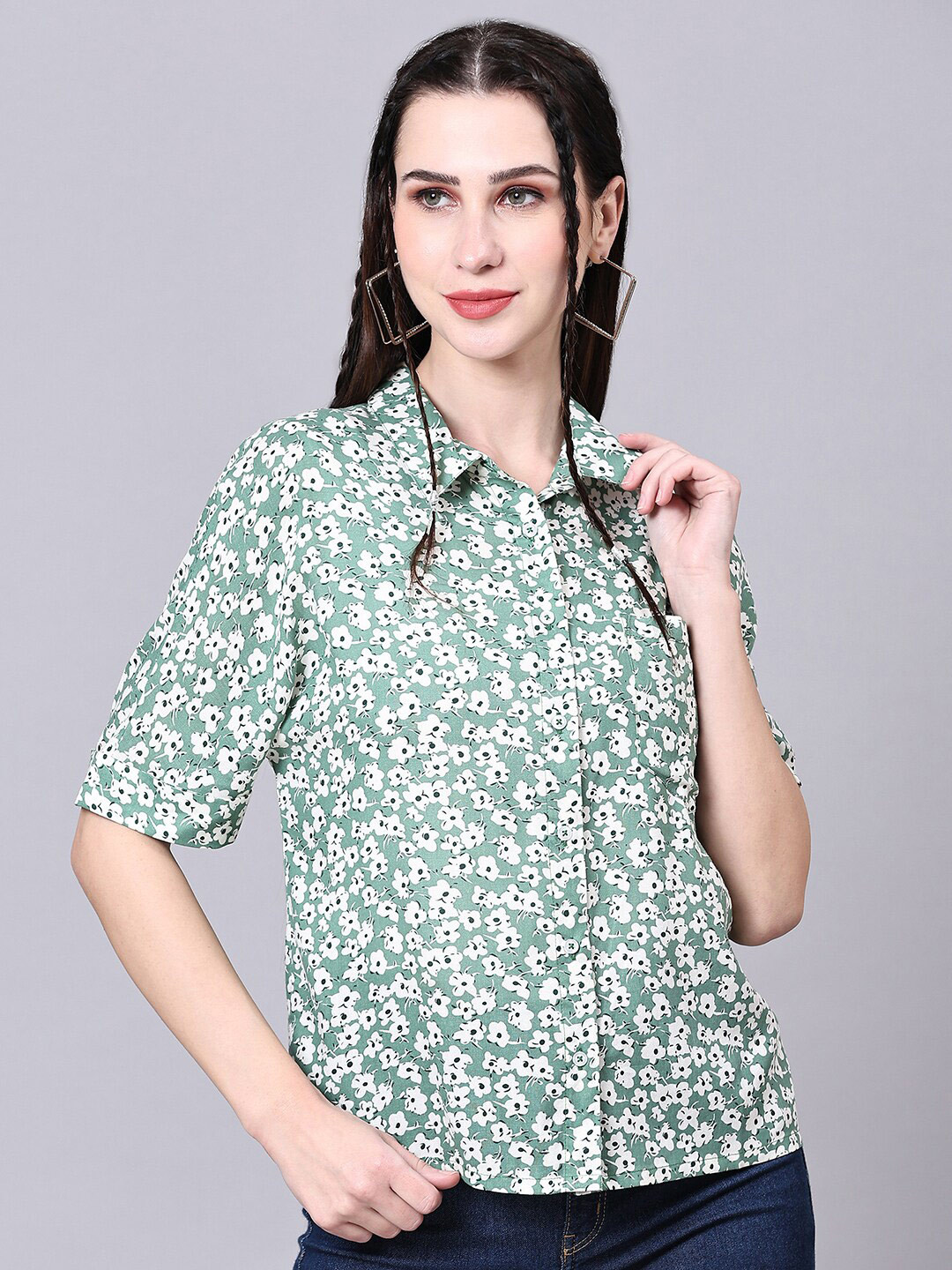 

Pomegal Contemporary Boxy Floral Printed Shirt, Green