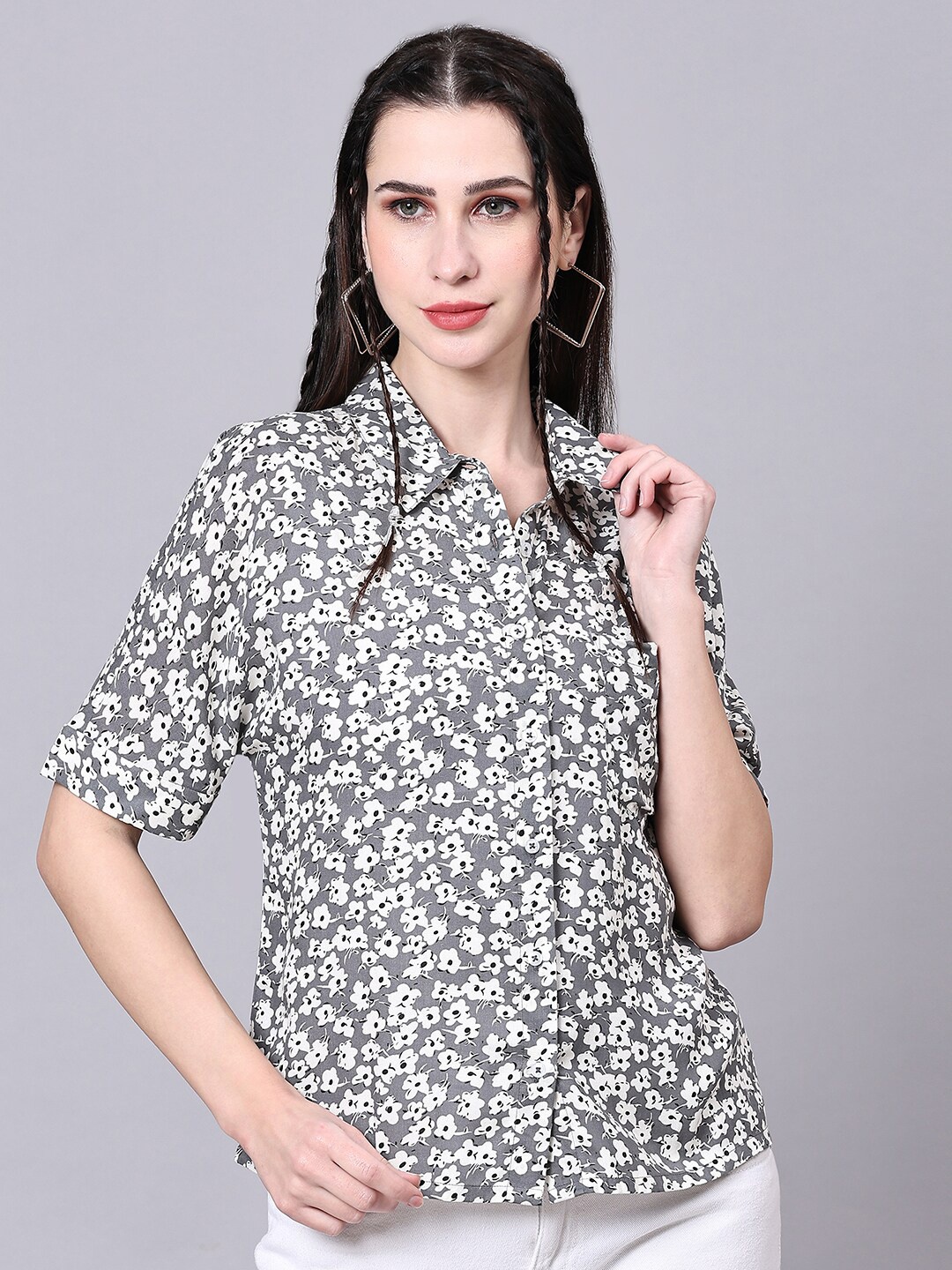 Pomegal Contemporary Boxy Floral Printed Casual Shirt, Grey