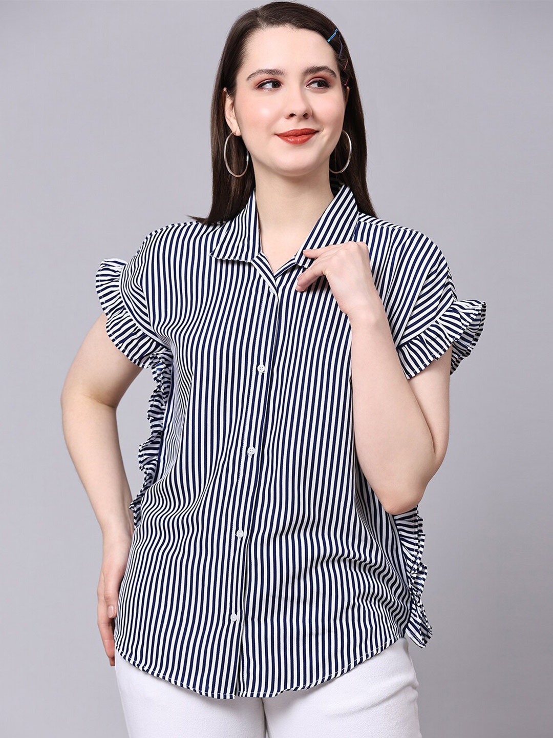 

Pomegal Contemporary Boxy Opaque Striped Ruffles Casual Shirt, Blue