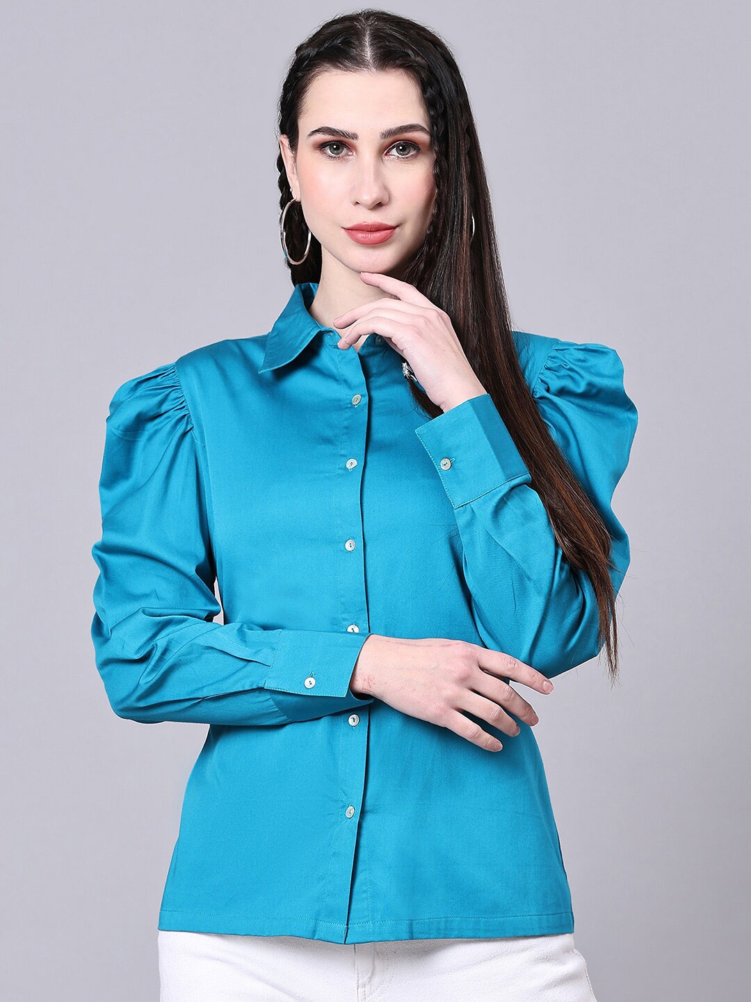 

Pomegal Contemporary Puff Sleeves Cotton Shirt, Turquoise blue