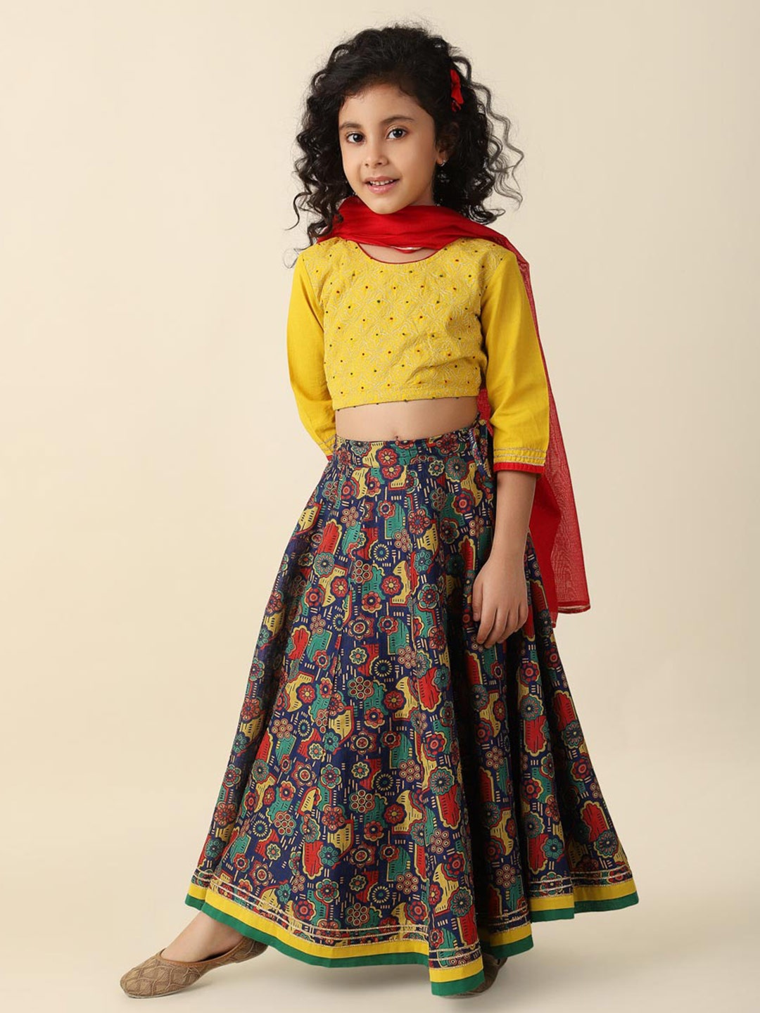 

Fabindia Girls Embroidered Thread Work Ready to Wear Lehenga & Blouse With Dupatta, Yellow