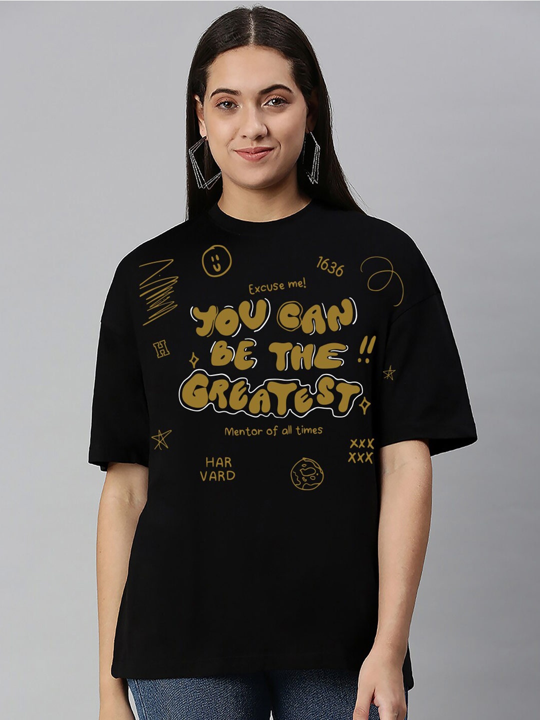 

Harvard Typography Printed Drop-Shoulder Cotton Oversized T-shirt, Black