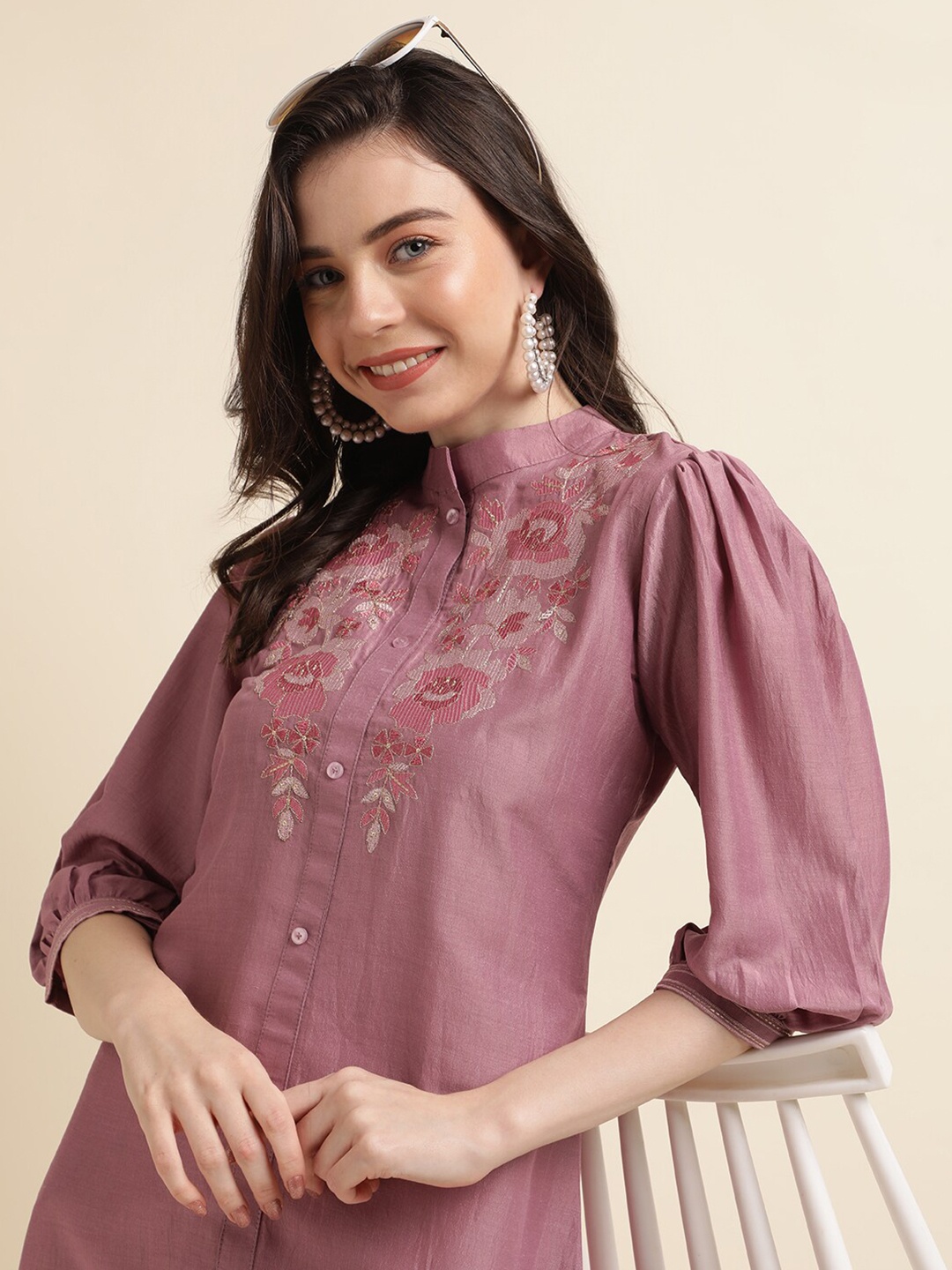 

Sangria Floral Embroidered Sequined A-Line Top, Pink