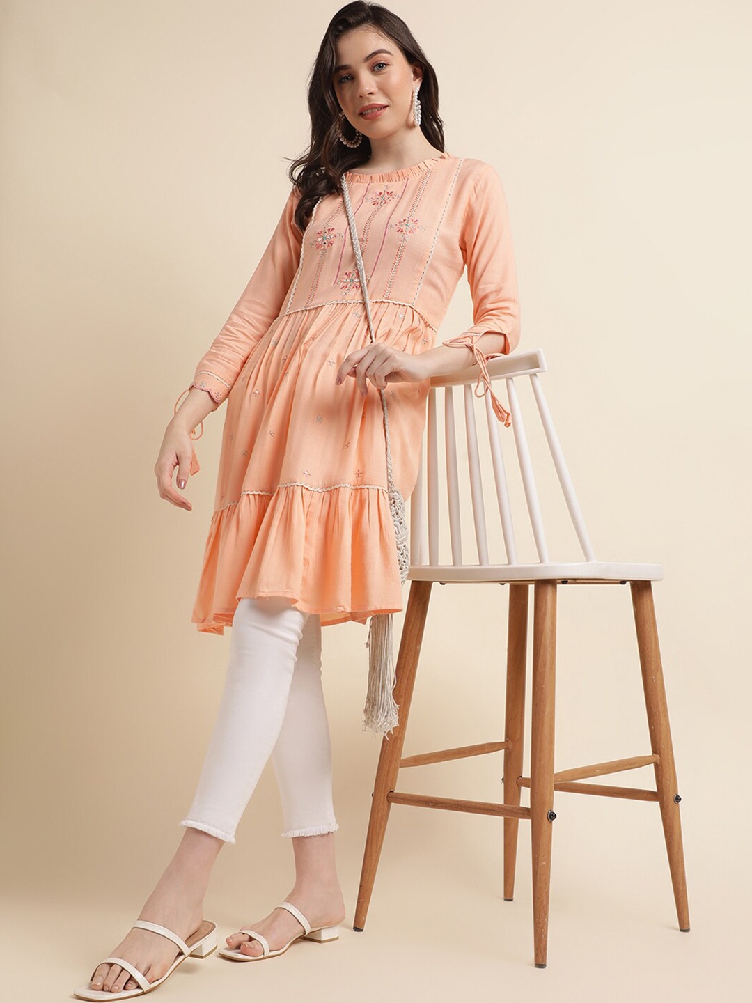 

Sangria Peach Floral Embroidered Mirror Work A-line Kurta