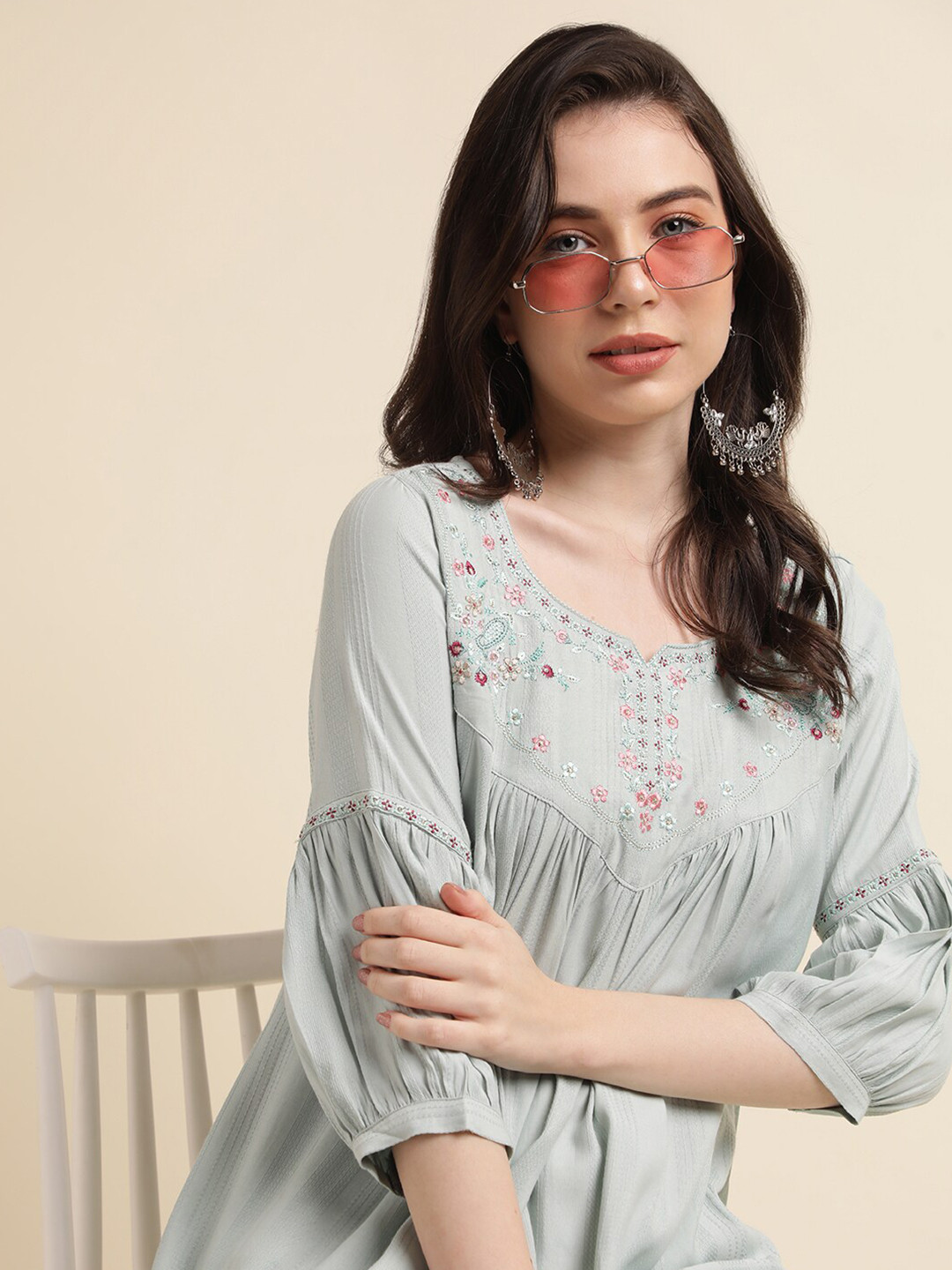 

Sangria Floral Embroidered A-Line Kurti, Blue