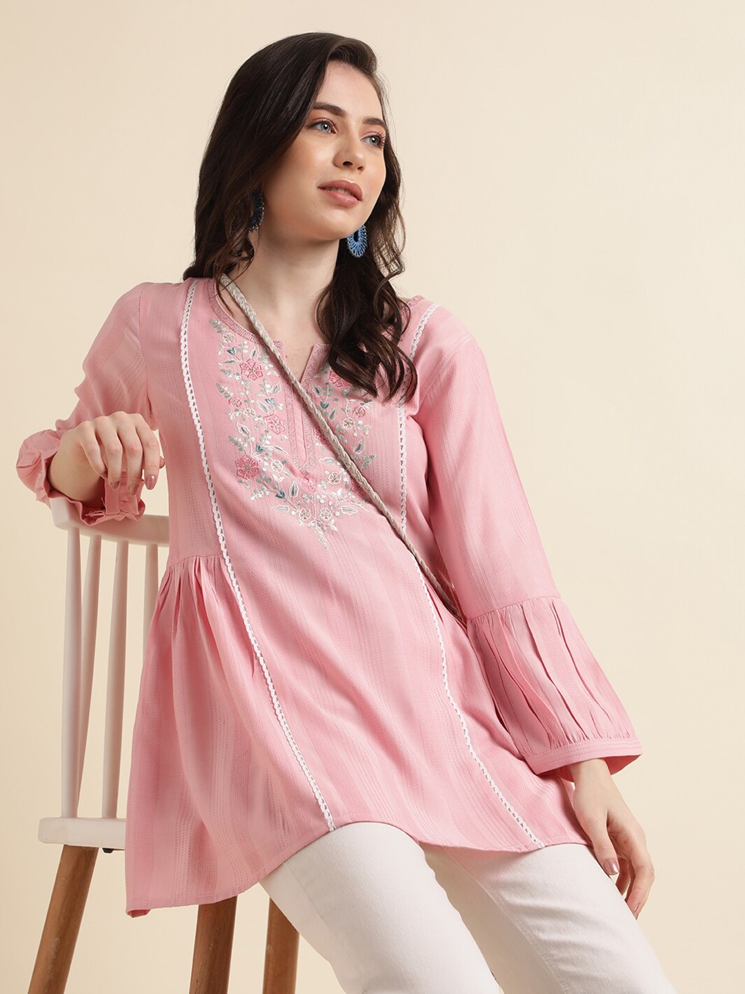 

Sangria Floral Embroidered Pleated A-Line Kurti, Pink