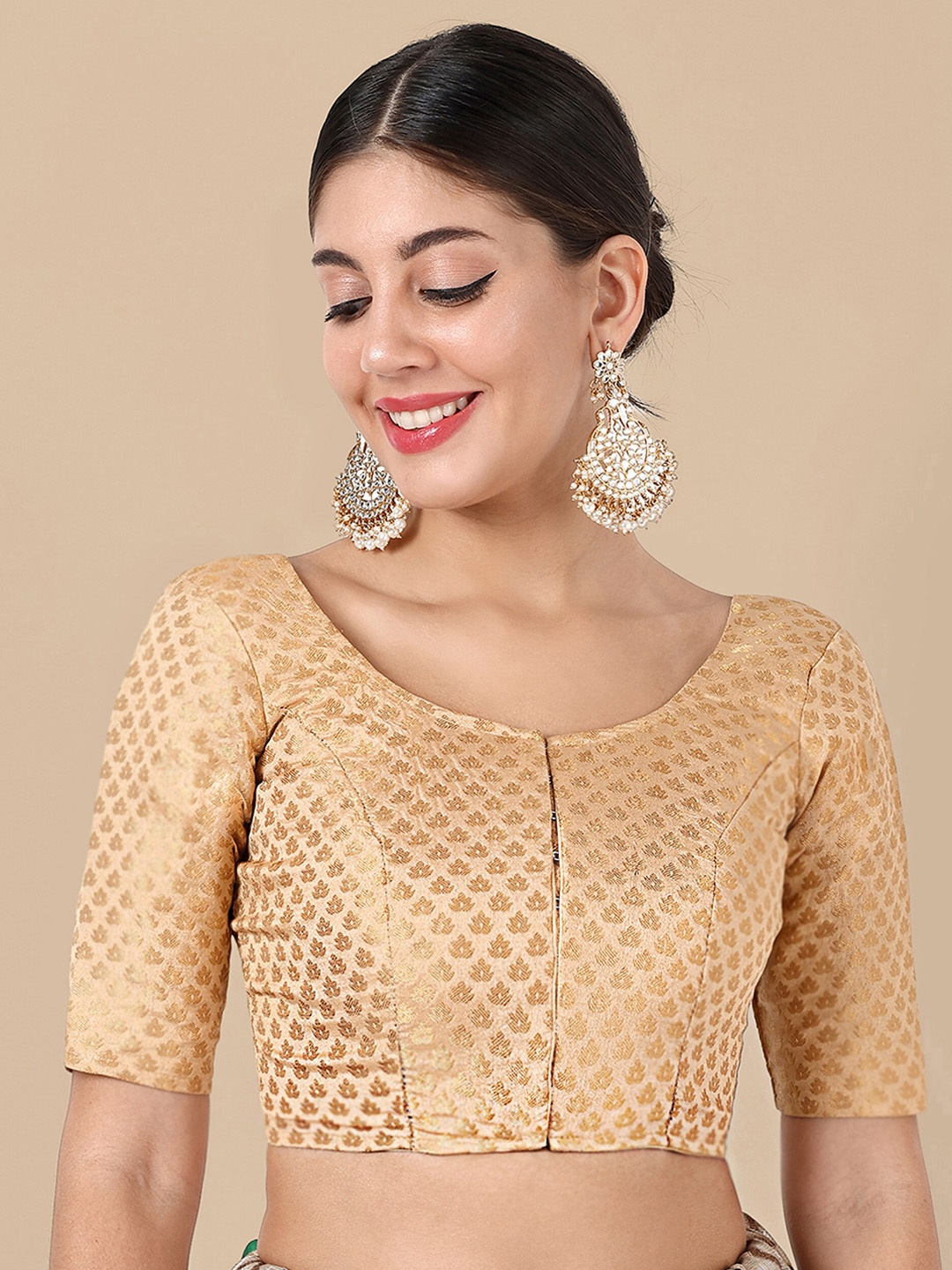 

Vardha Woven Design Brocade Detail Saree Blouse, Beige