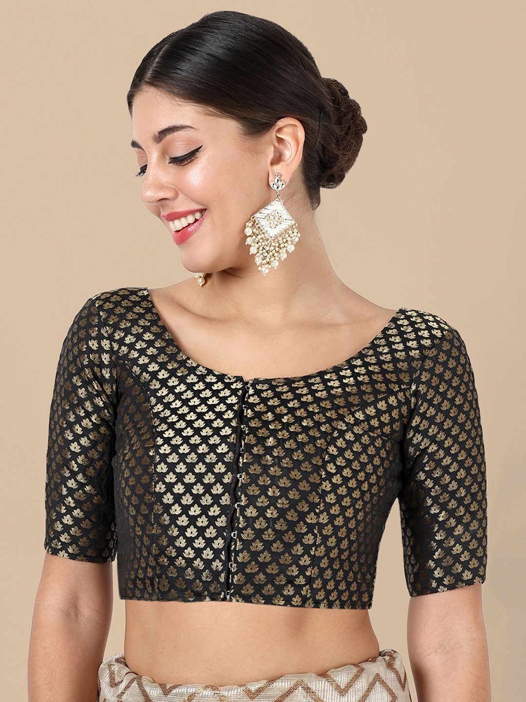 

Vardha Woven Design Brocade Detail Saree Blouse, Black