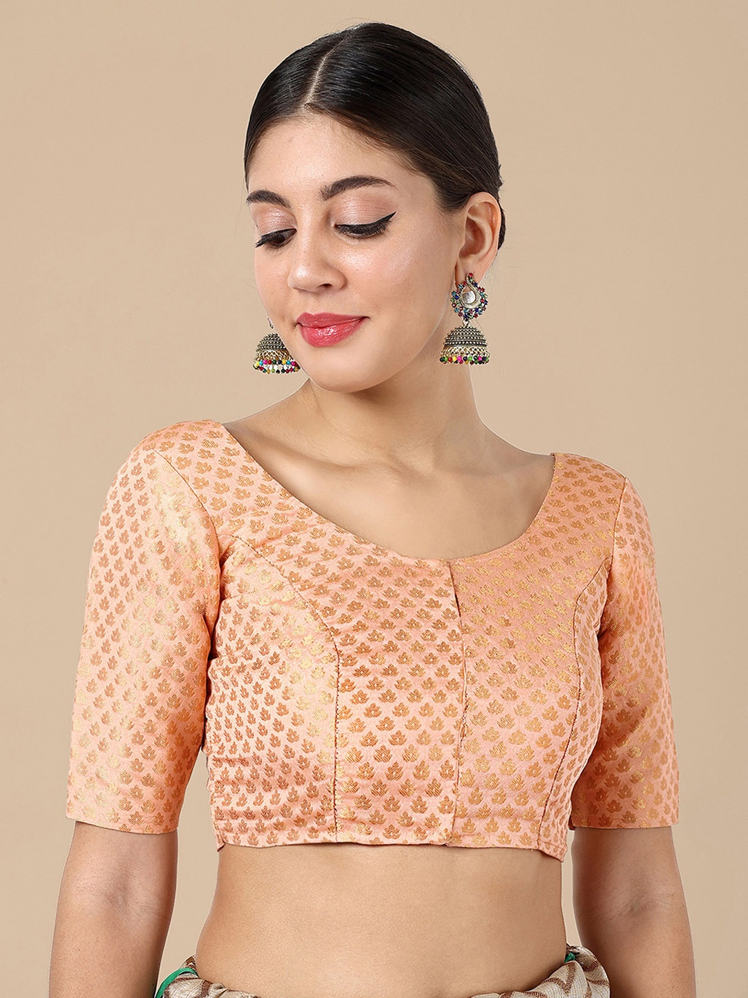 

Vardha Woven Design Brocade Datail Saree Blouse, Peach