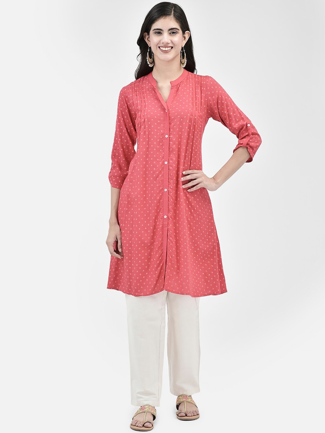 

Span Ethnic Motifs Printed Mandarin Collar Roll Up Sleeves A-Line Kurta, Peach