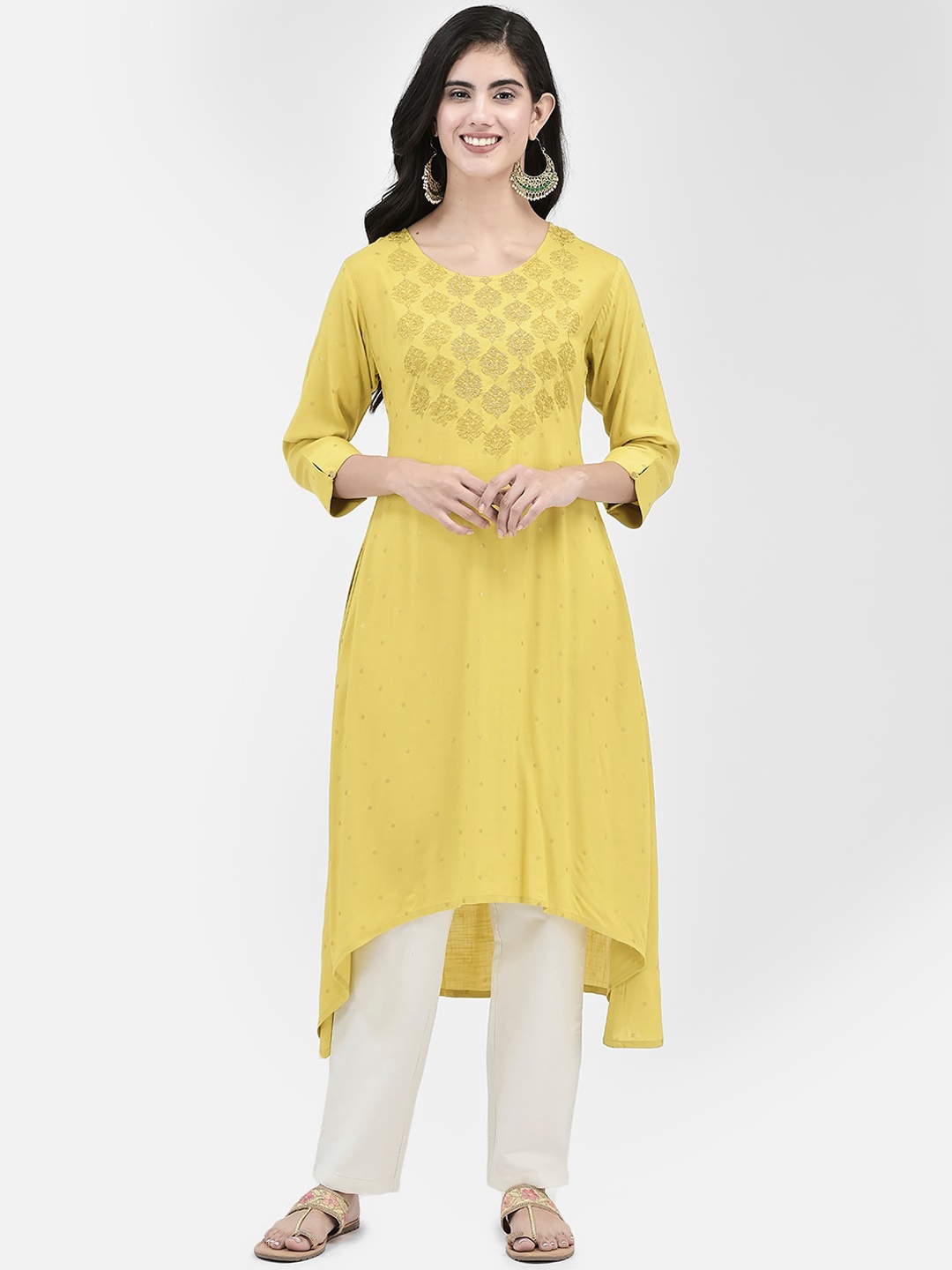 

Span Ethnic Motifs Printed Asymmetric Cotton Silk Kurta, Yellow