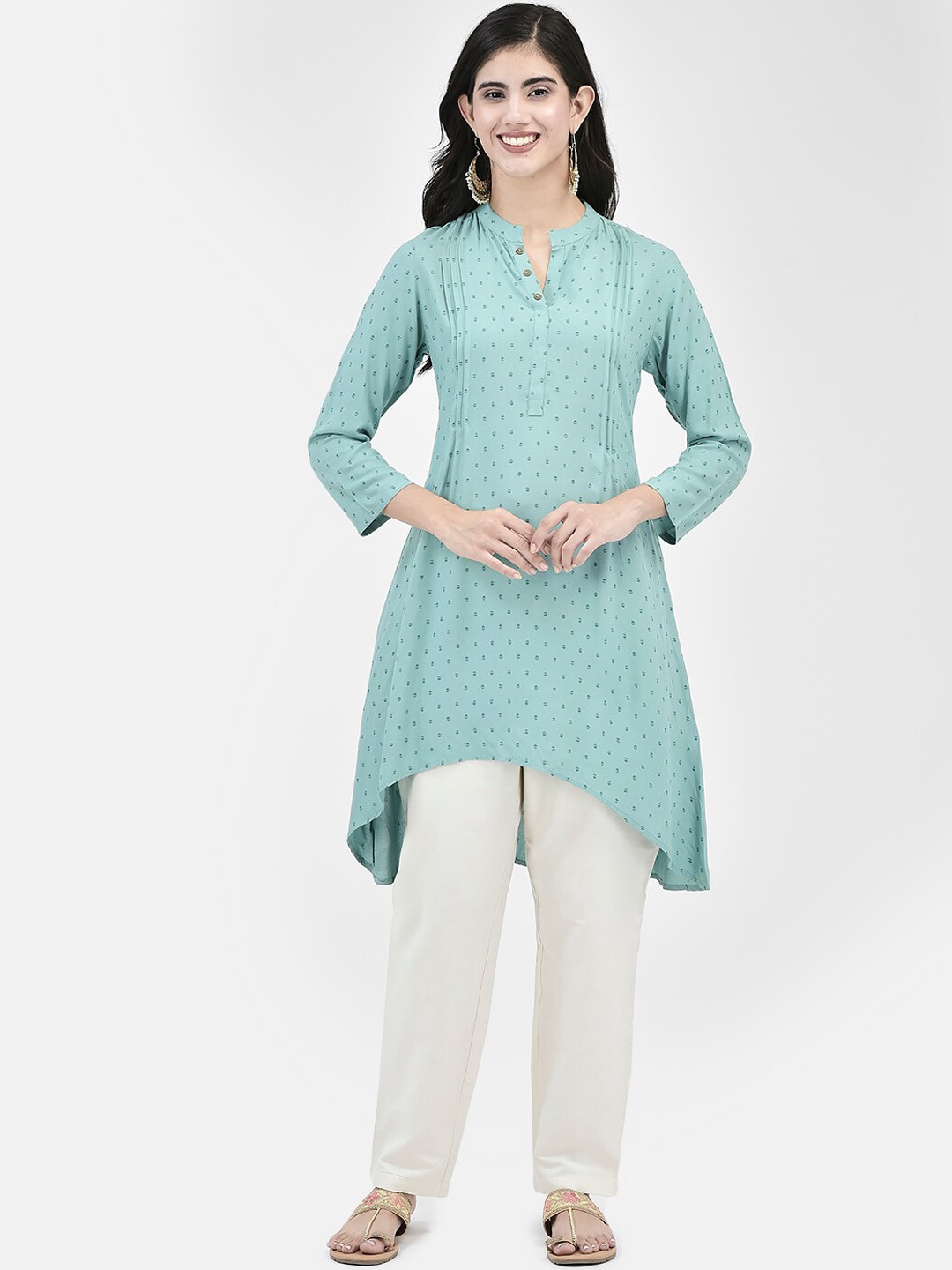 

Span Ethnic Motifs Printed Mandarin Collar Asymmetric Hem A-Line Kurta, Blue