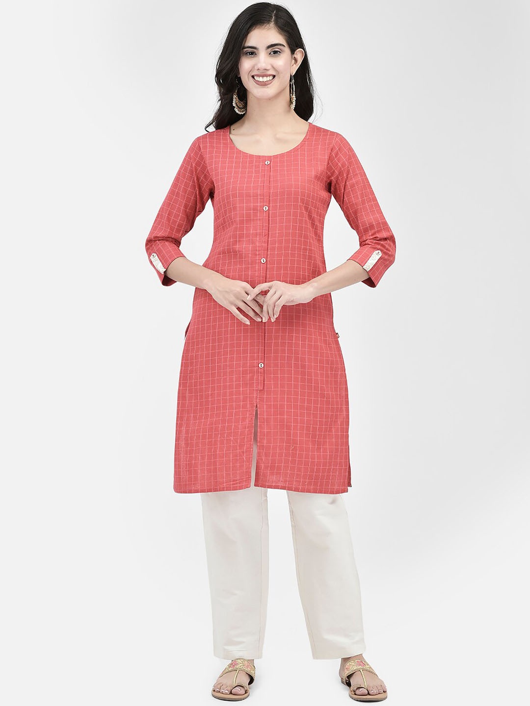 

Span Checked Straight Kurta, Peach
