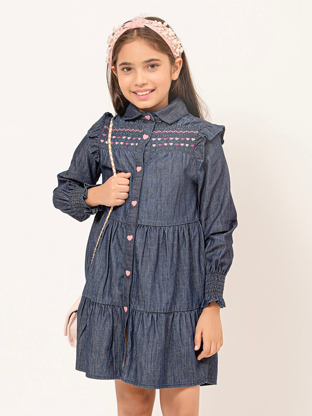 

One Friday Puff Sleeves Tiered Denim Shirt Above Knee Dress, Blue