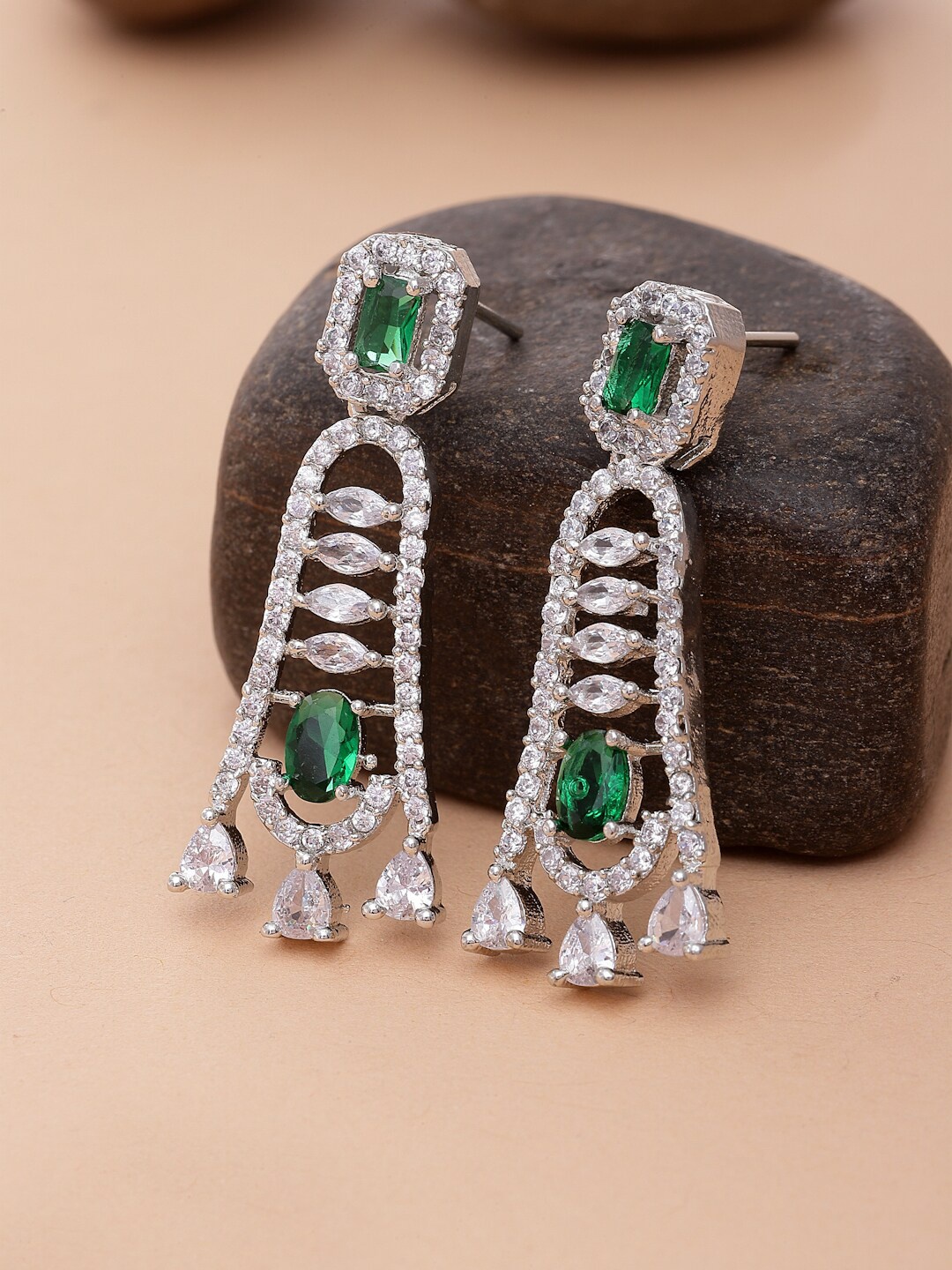 

ZENEME Rhodium Plated AD Studded Drop Earrings, Silver