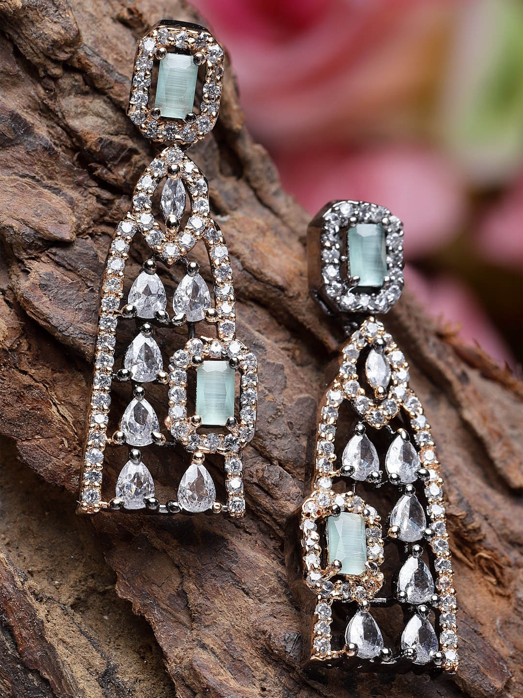 

ZENEME Rose Gold Plated American Diamond Studded Drop Earrings, Silver