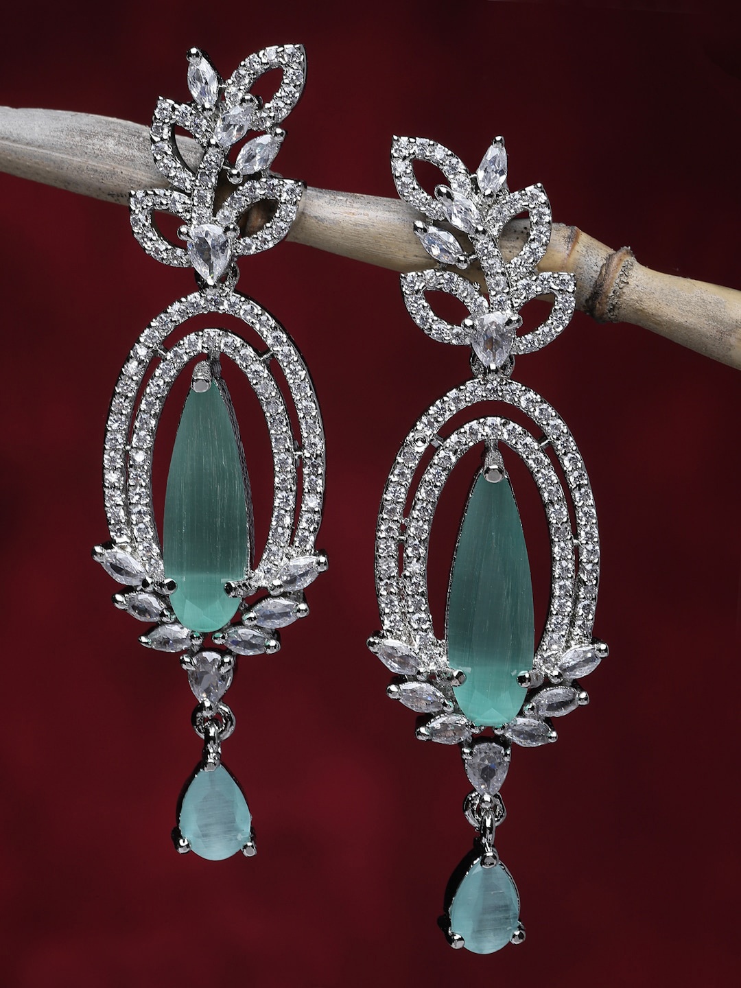 

ZENEME Rhodium-Plated American Diamond Studded Teardrop Drop Earrings, Sea green