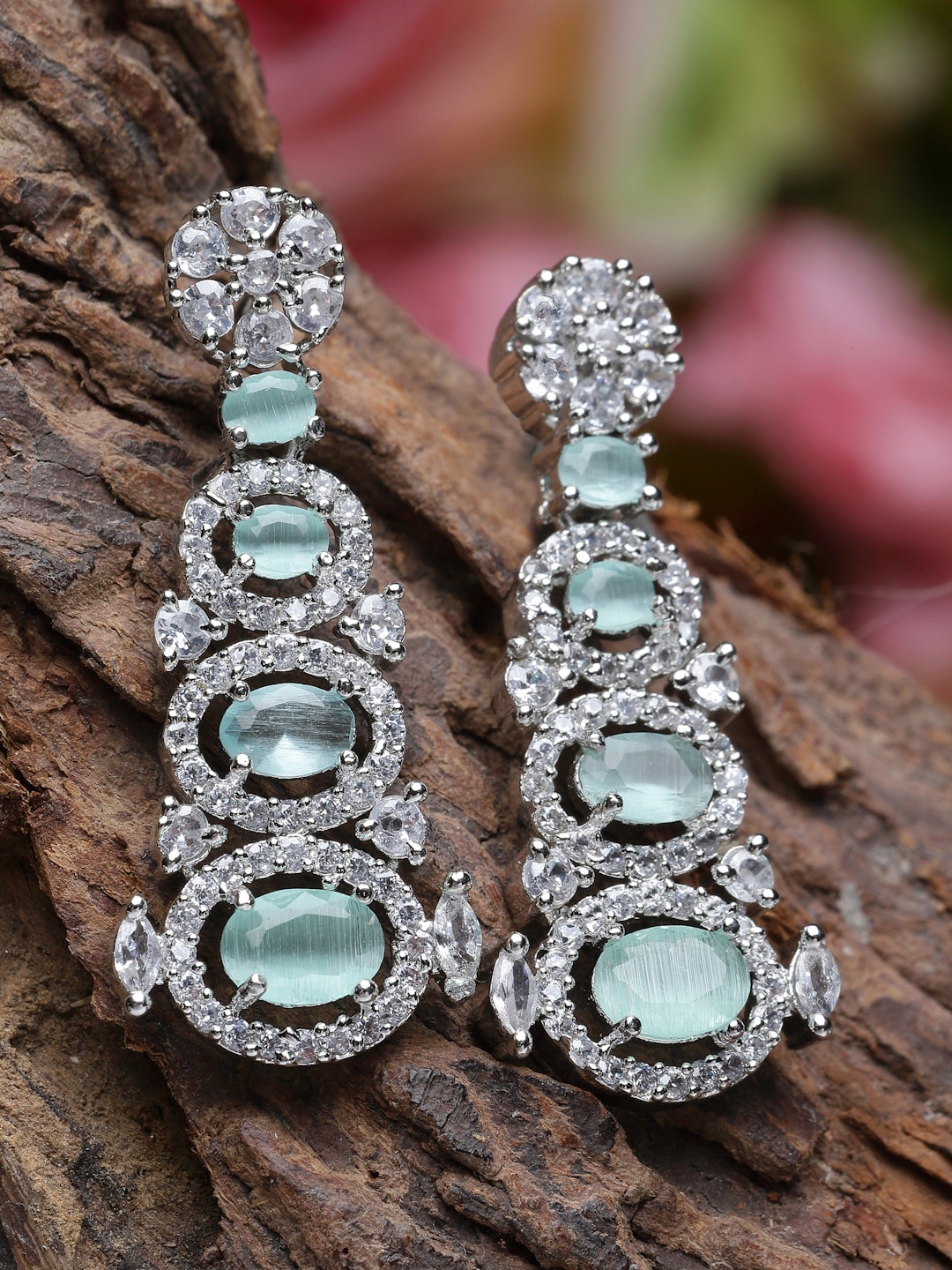 

ZENEME Rhodium-Plated American Diamond Studded Quirky Shaped Drop Earrings, Sea green