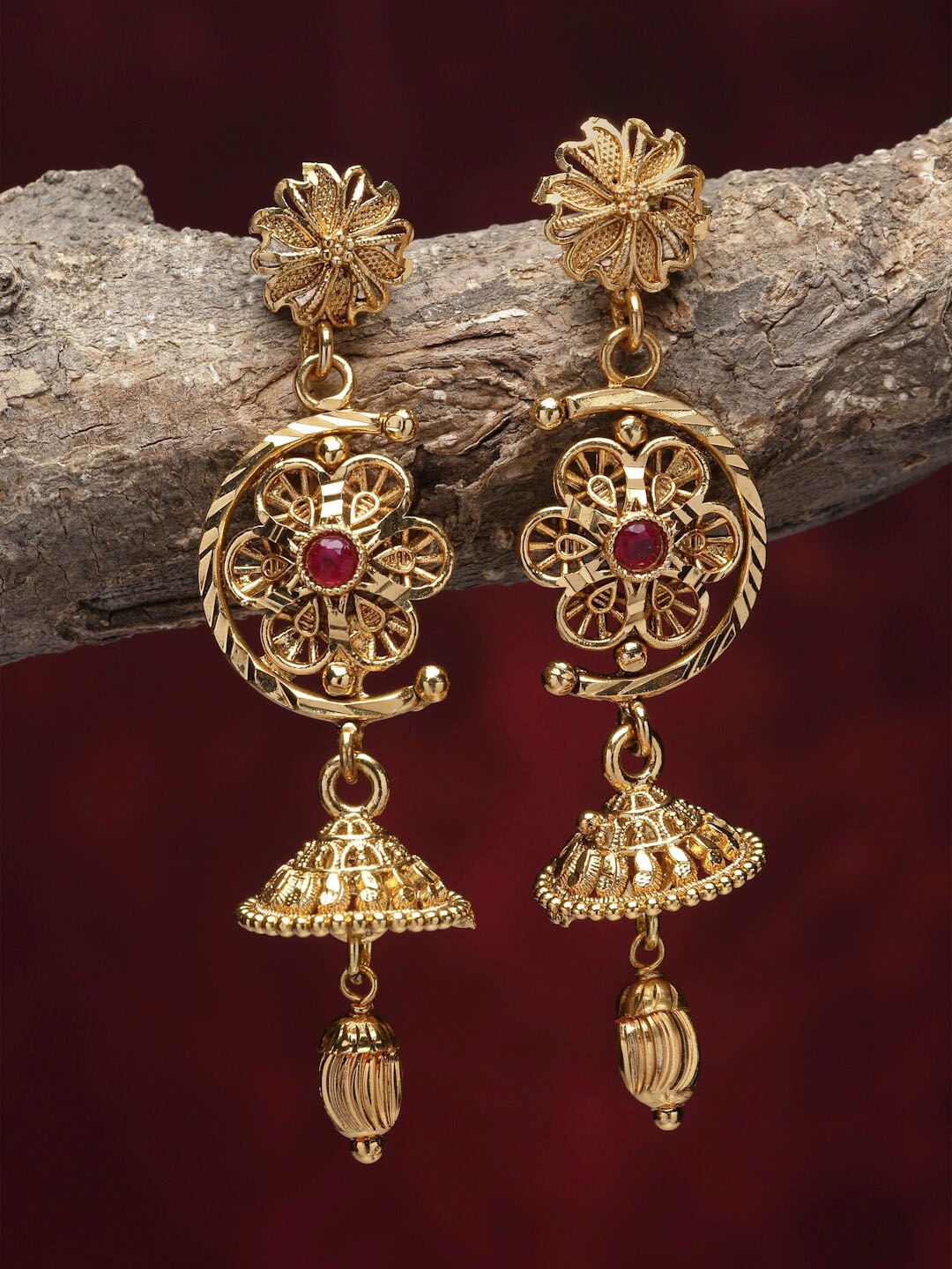

ZENEME Gold-Plated Stone-Studded Dome Shaped Drop Earrings