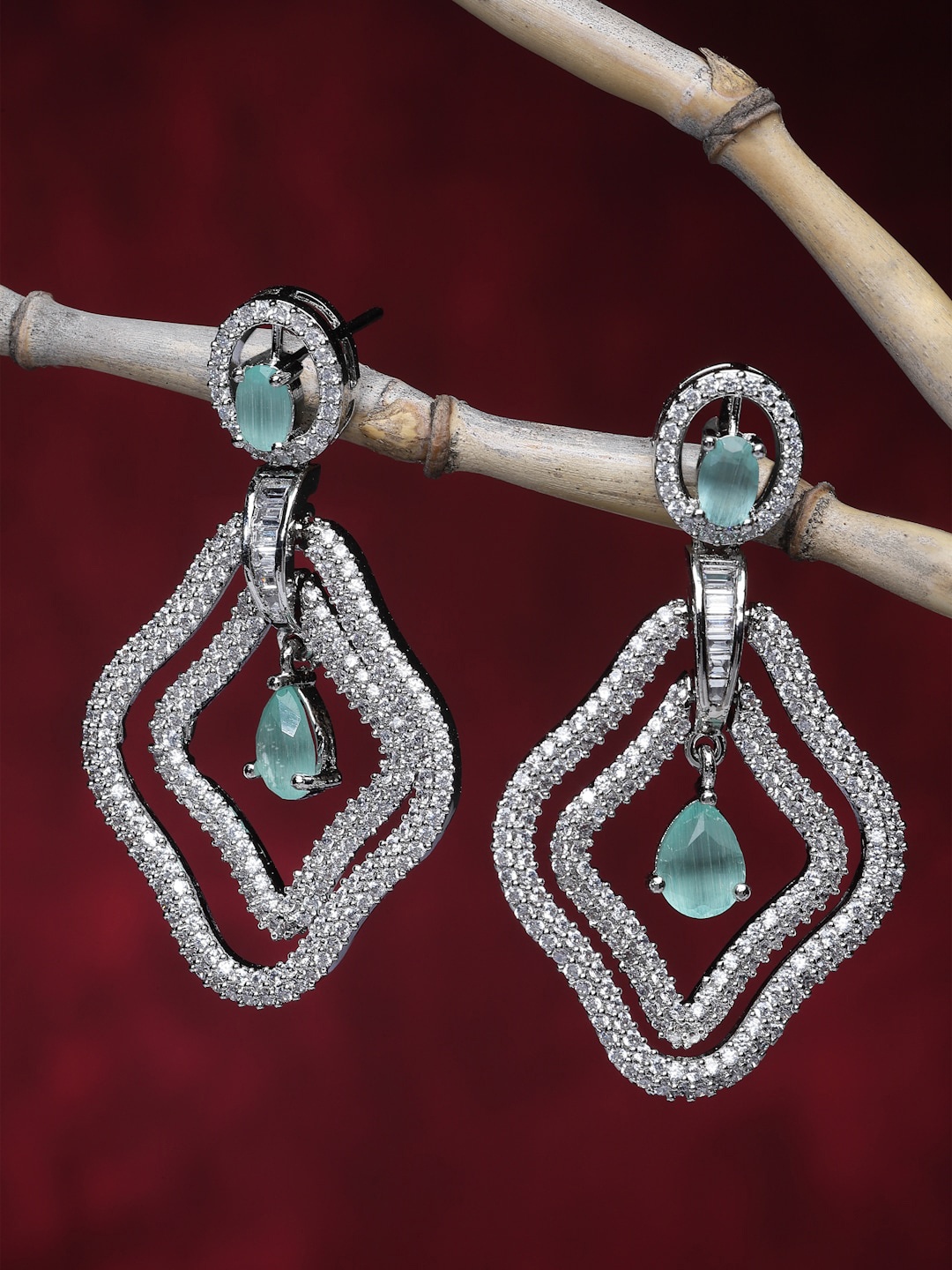 

ZENEME Rhodium-Plated American Diamond-Studded Contemporary Drop Earrings, Silver