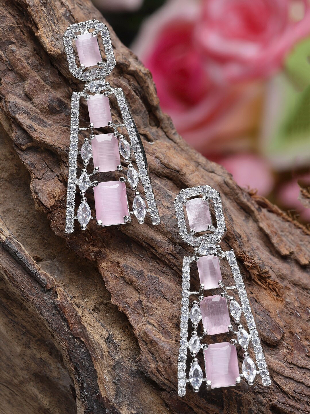 

ZENEME Rhodium Plated AD Studded Drop Earrings, Silver