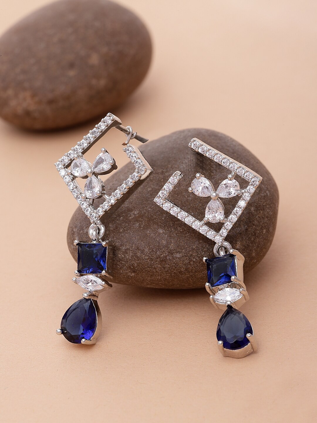 

ZENEME Rhodium Plated AD Studded Drop Earrings, Silver
