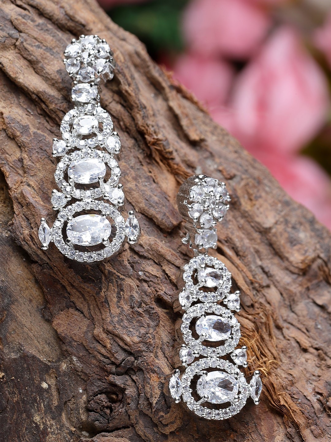 

ZENEME Rhodium Plated AD Studded Drop Earrings, Silver
