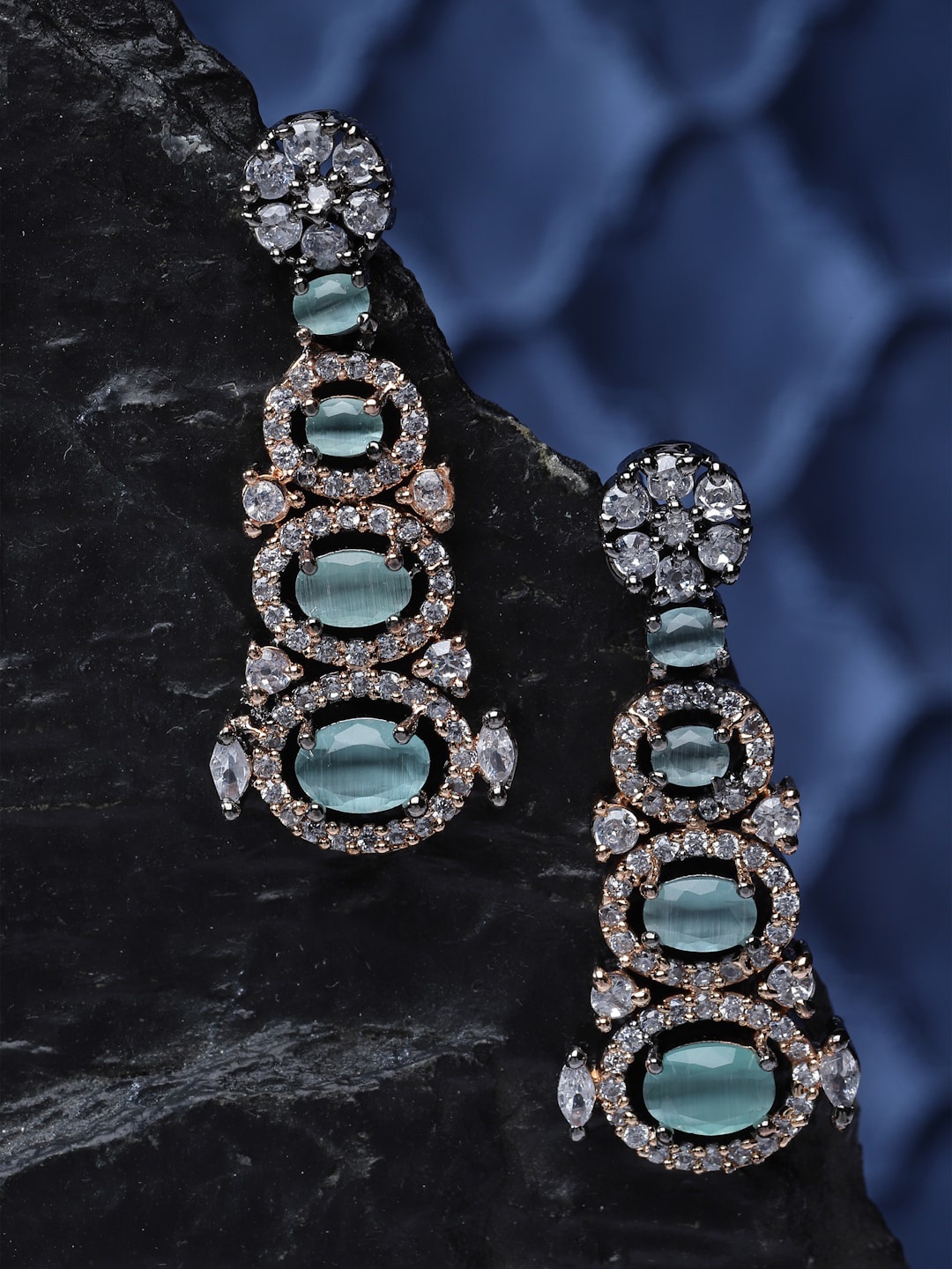 

ZENEME Rose Gold-Plated American Diamond Studded Quirky Shaped Drop Earrings, Sea green