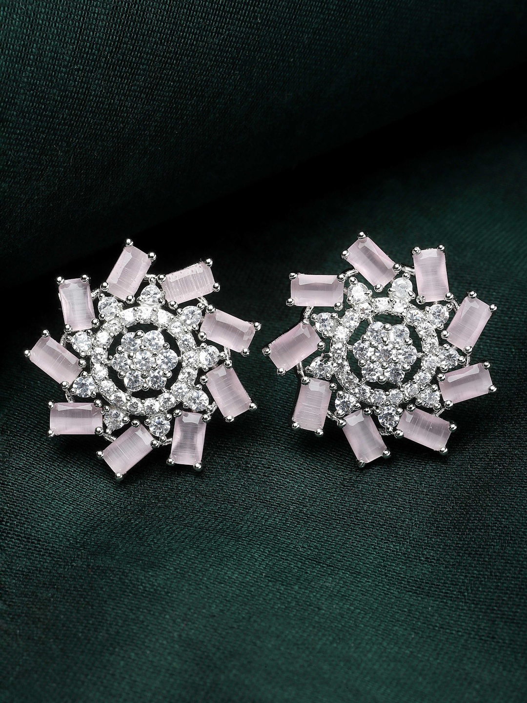 

ZENEME Rhodium-Plated American Diamond Studded Floral Studs Earrings, Pink