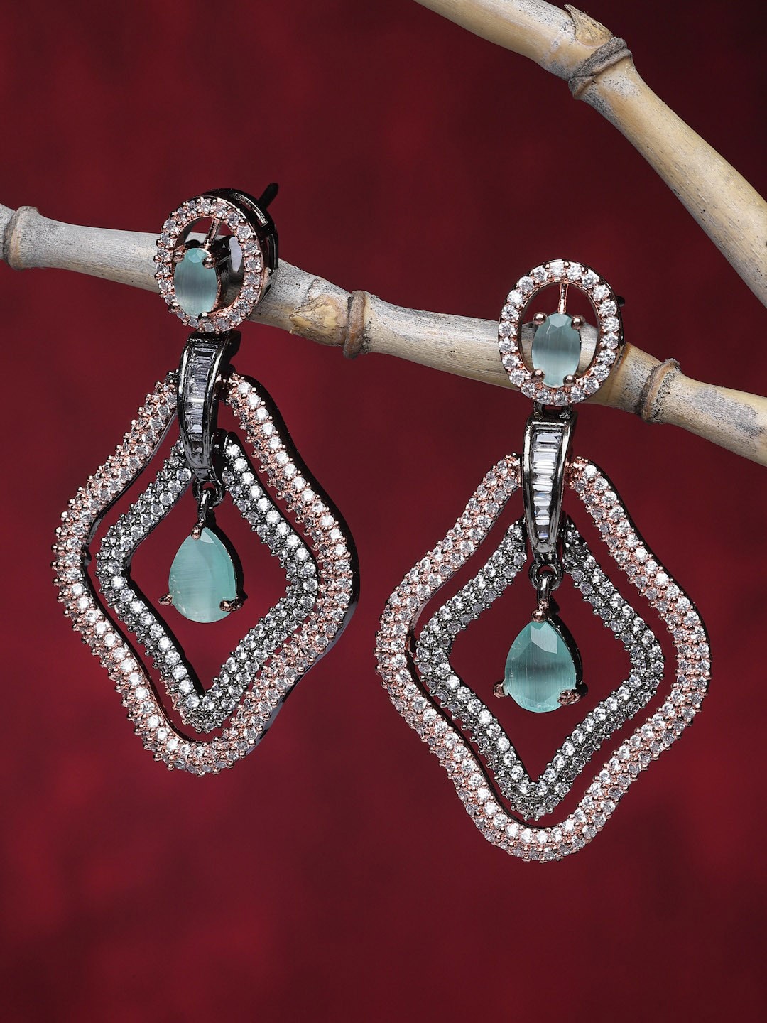 

ZENEME Rose Gold Plated American Diamond Studded Drop Earrings, Silver