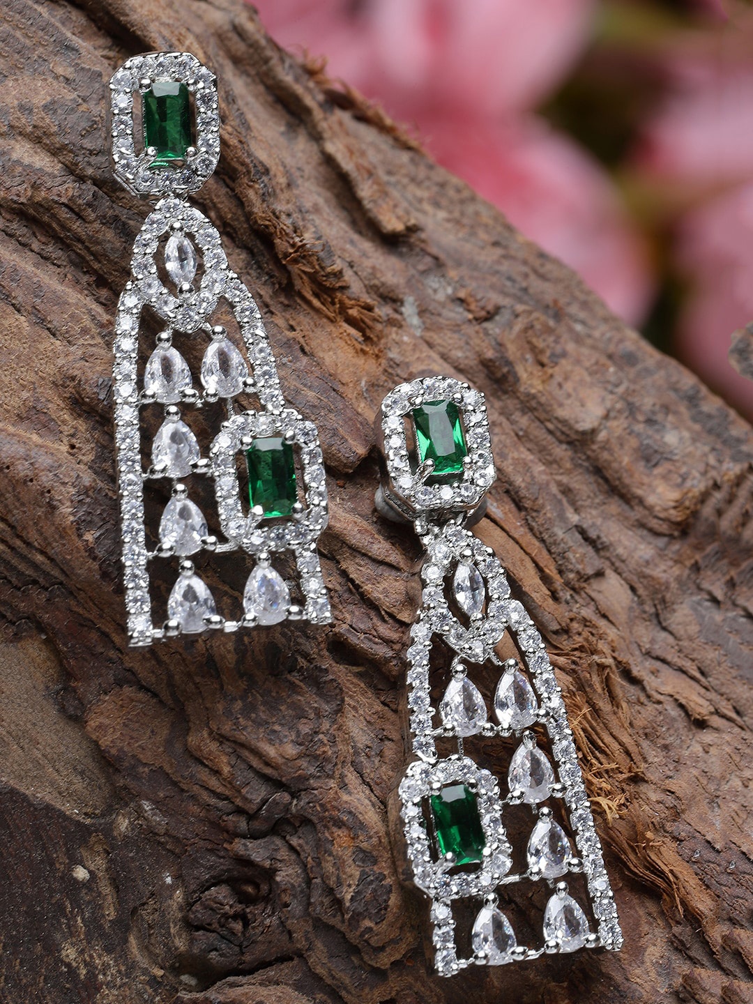 

ZENEME Rhodium Plated American Diamond Studded Drop Earrings, Silver