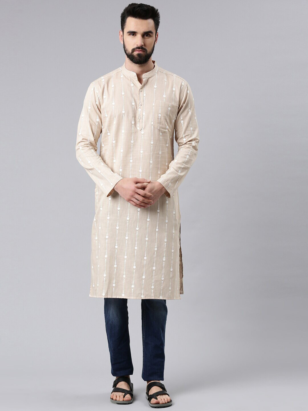 

Kryptic Geometric Printed Mandarin Collar Pure Cotton Regular Kurta, Khaki