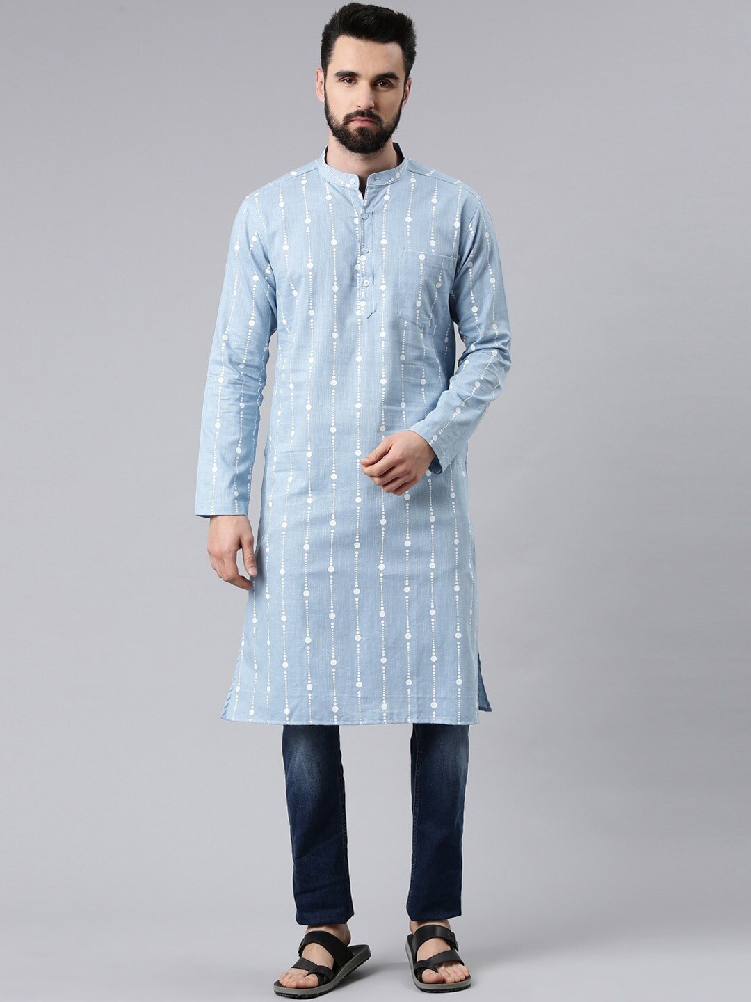 

Kryptic Geometric Printed Mandaric Collar Pure Cotton Kurta, Blue