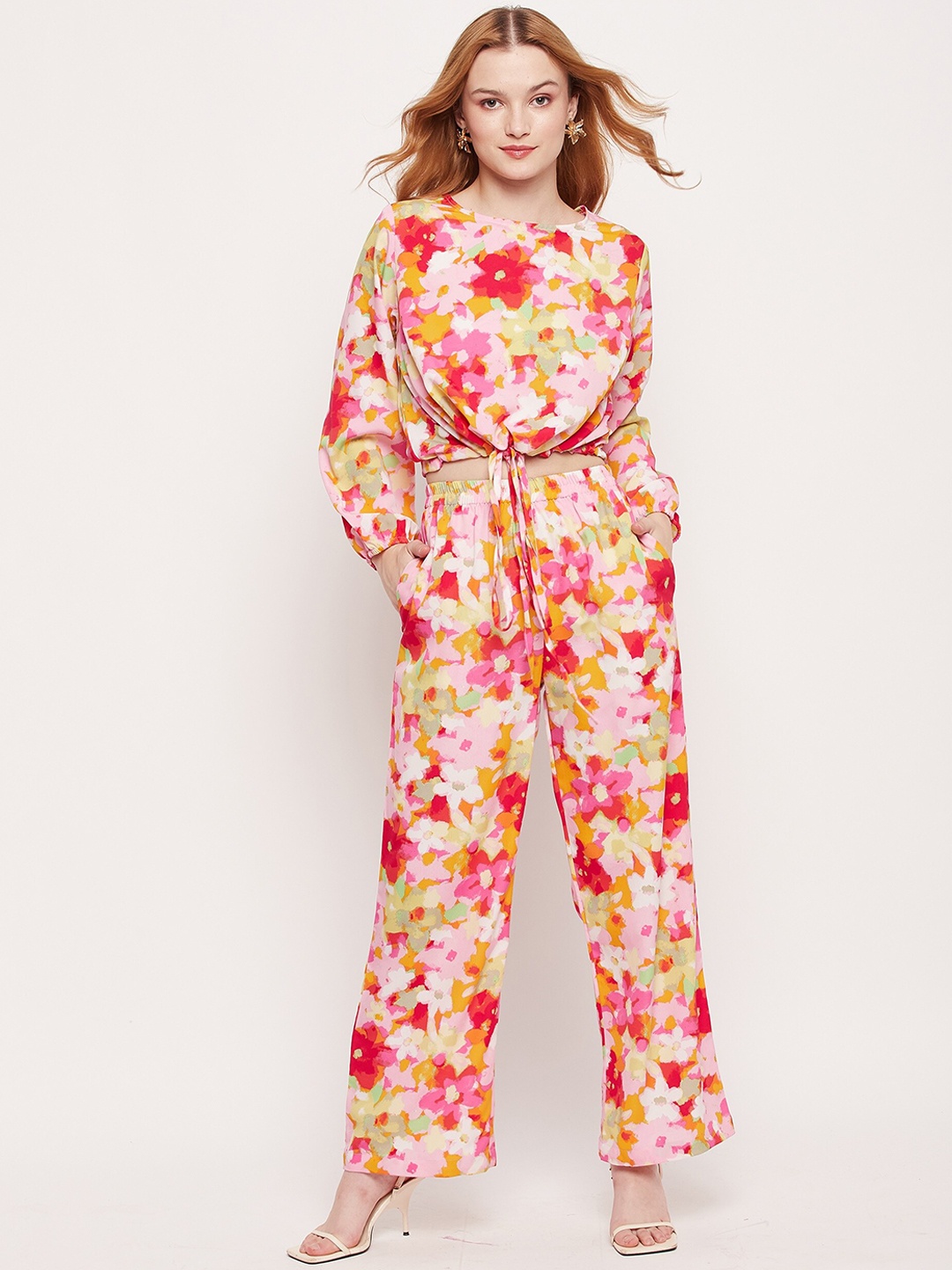 

Fashfun Floral Printed Top With Trousers, Pink